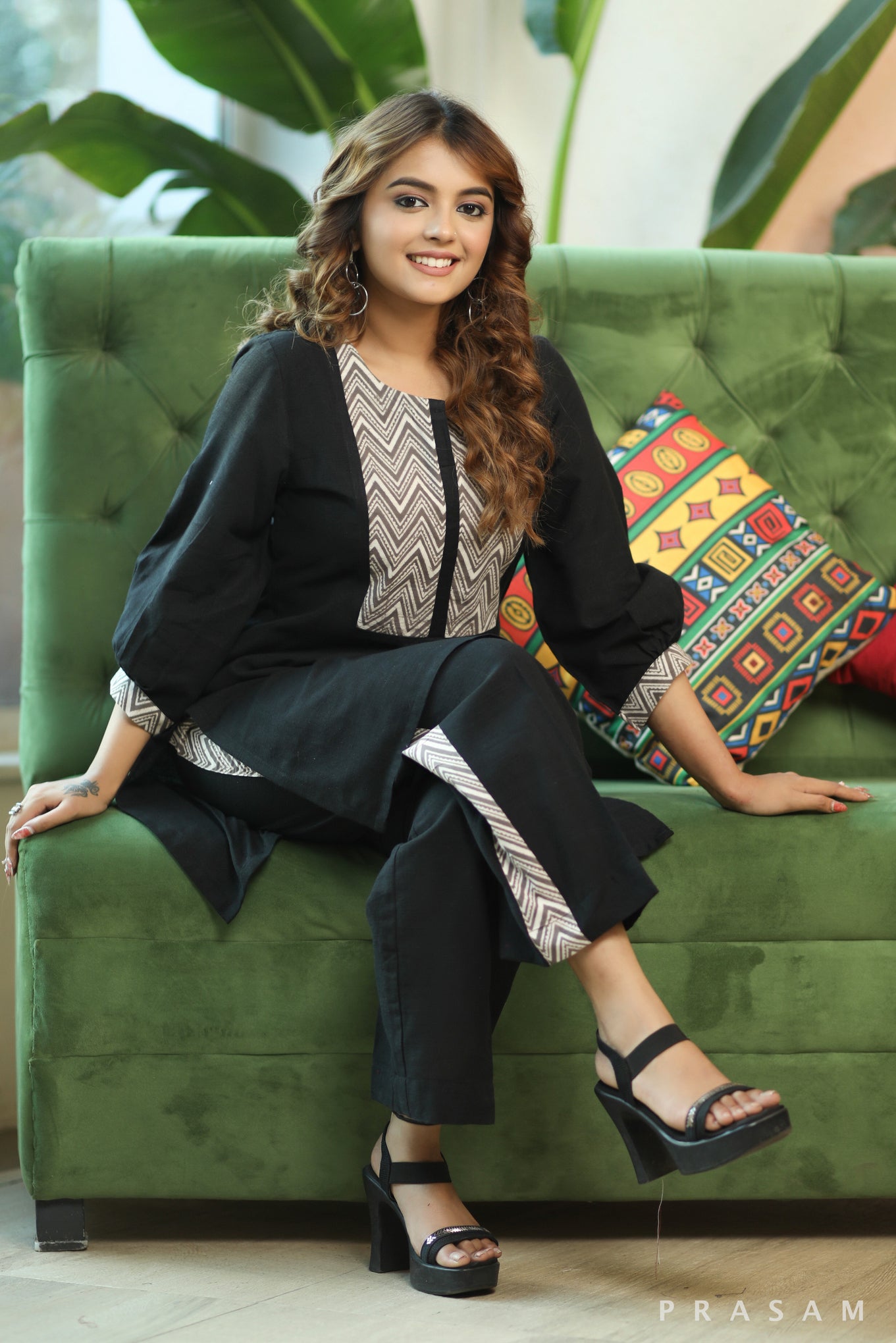 Dazzling Black Beauty Stylish Handloom Cotton Co-ord Set With Bagru Yoke And Details At the Pant