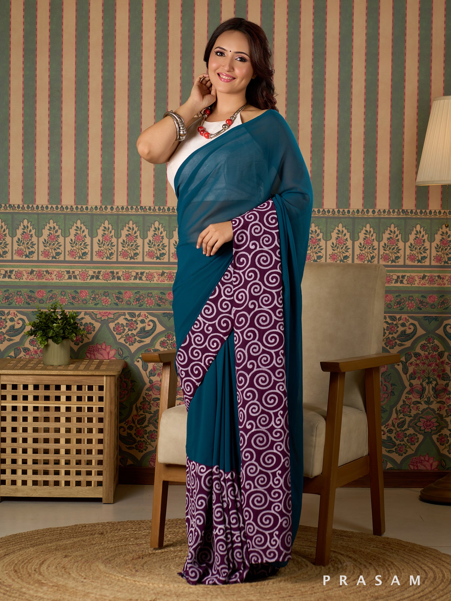 Swirlscape Georgette Saree With Block Print