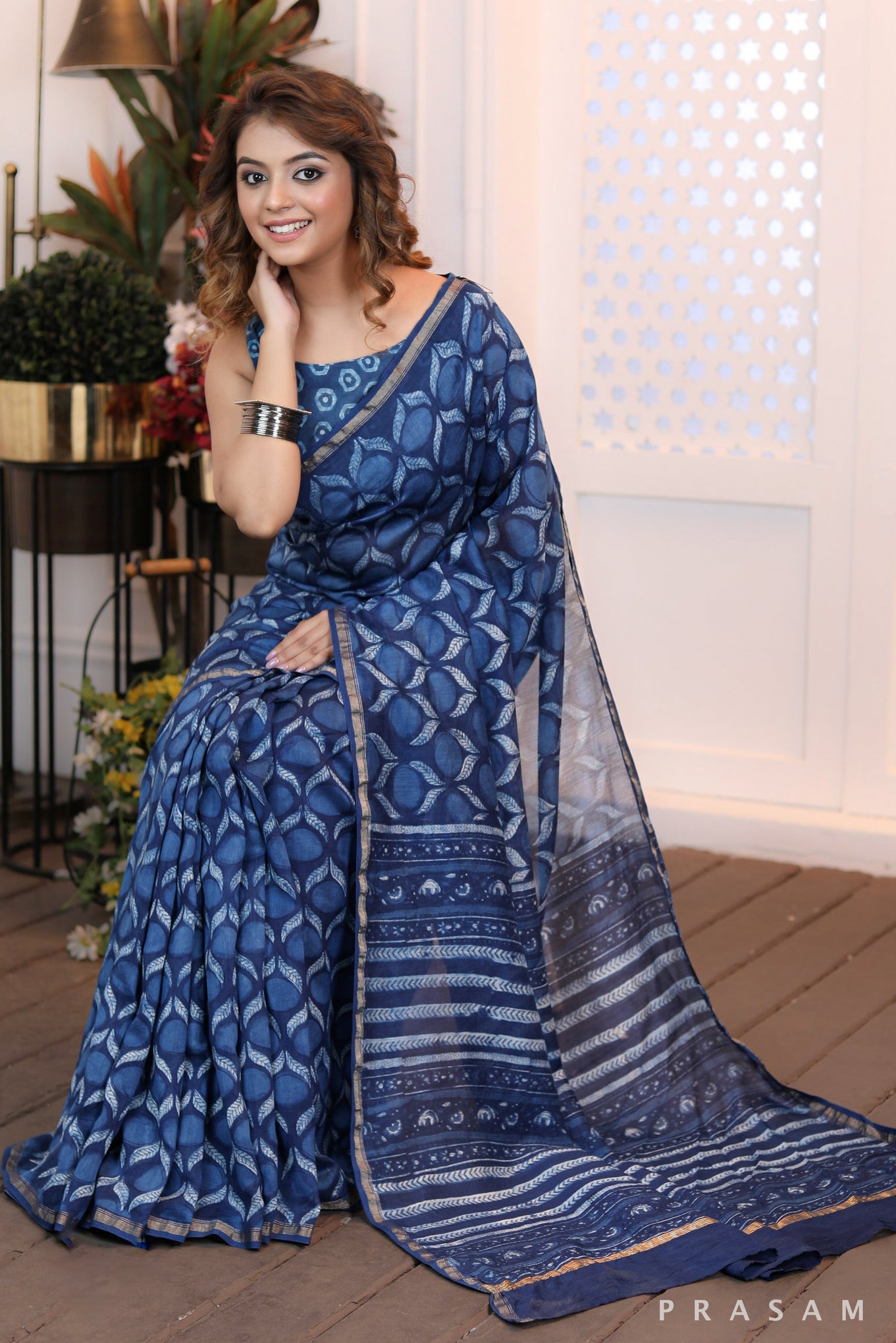 Dewdrop Elegance Elegant blockprinted blue chanderi saree