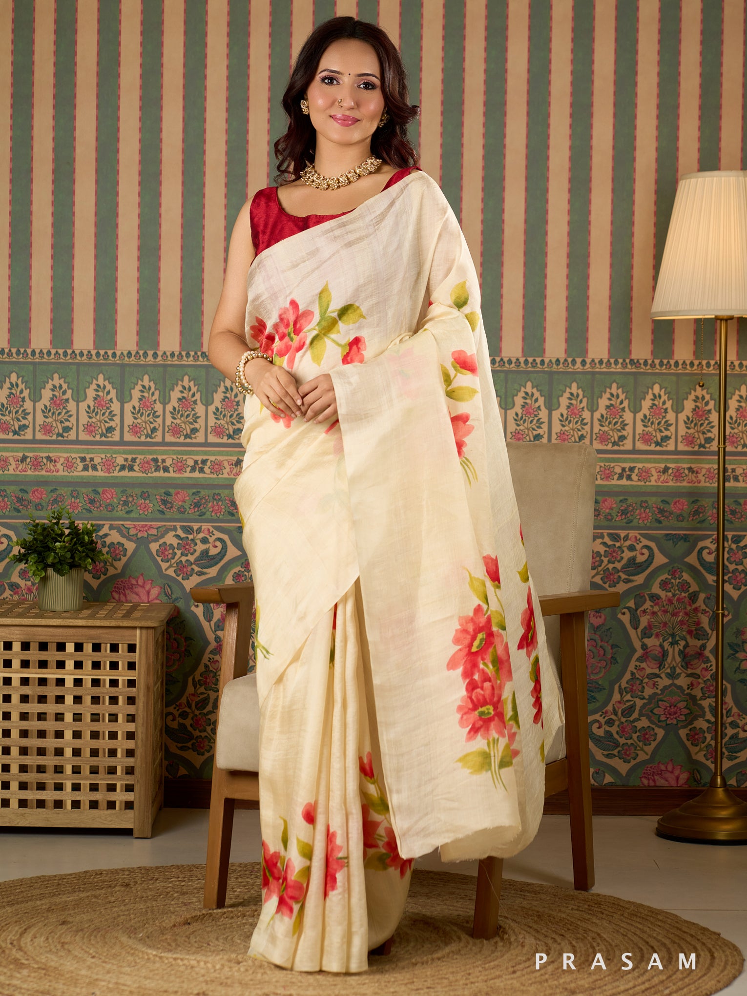 Ivory Flora Hand Painted Pure Silk Saree.