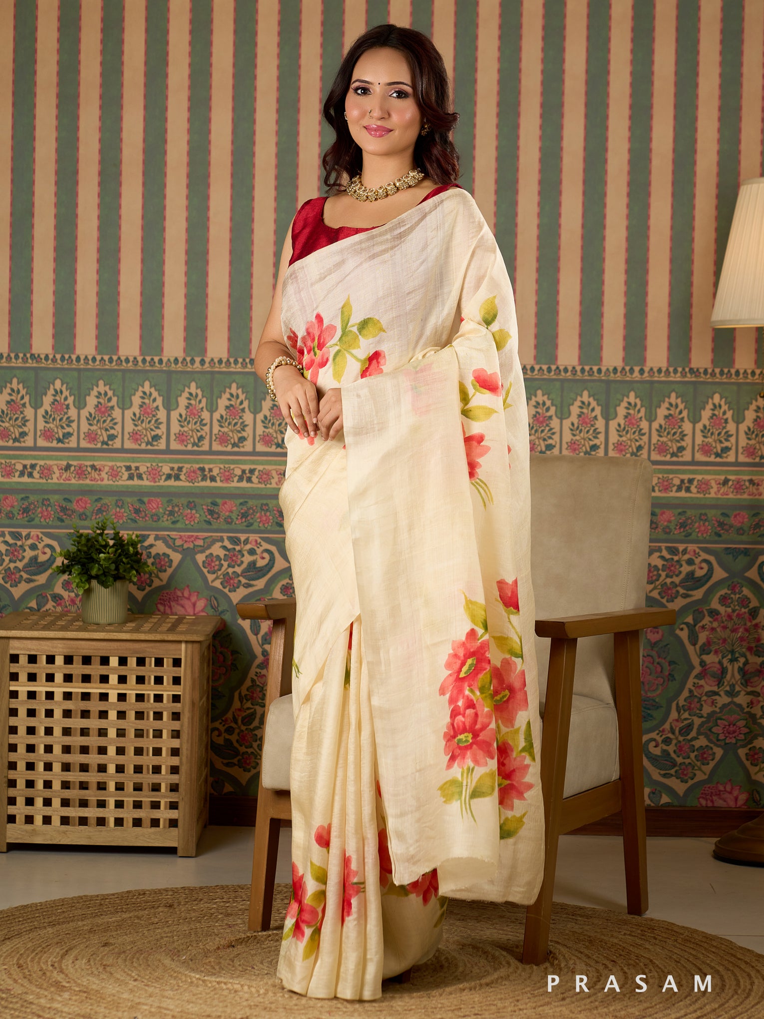 Ivory Flora Hand Painted Pure Silk Saree.