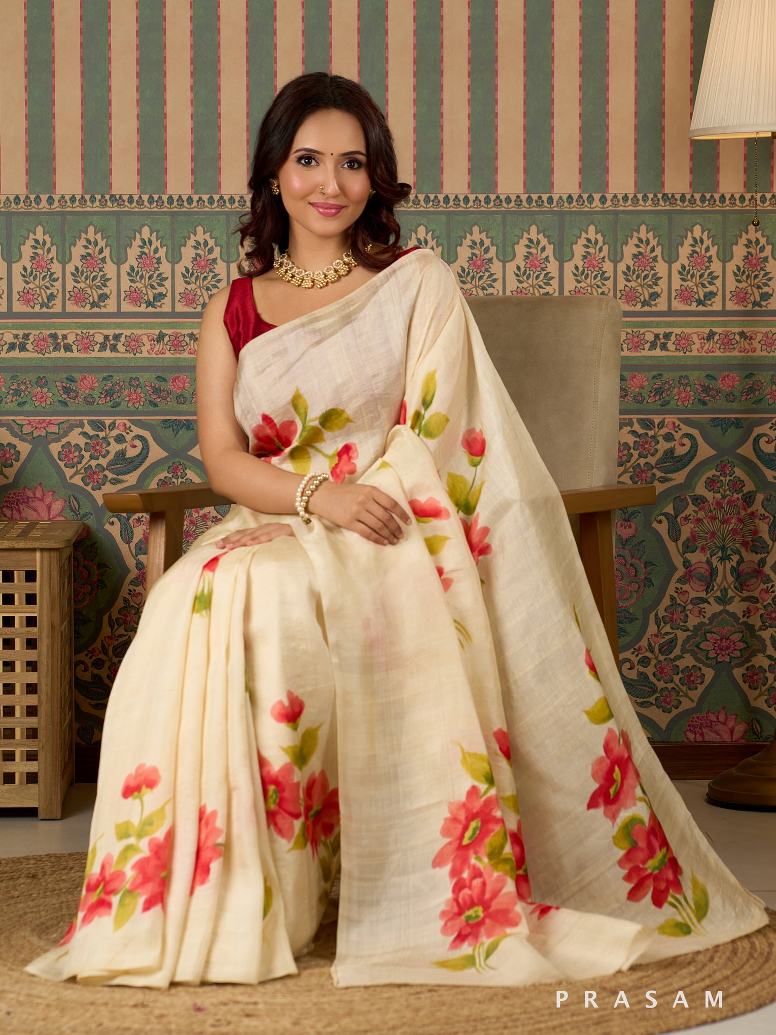 Ivory Flora Hand Painted Pure Silk Saree.