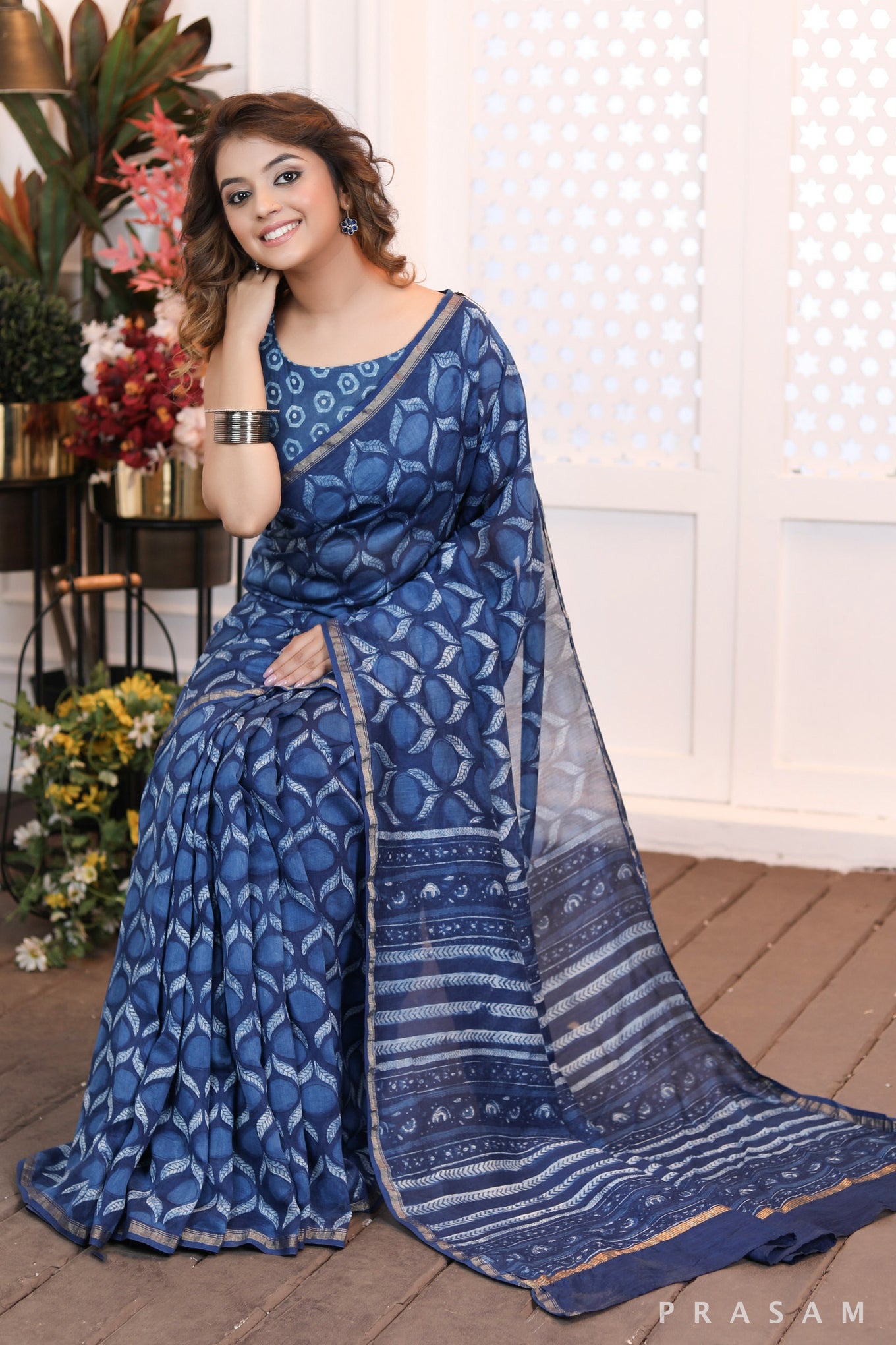 Dewdrop Elegance Elegant blockprinted blue chanderi saree