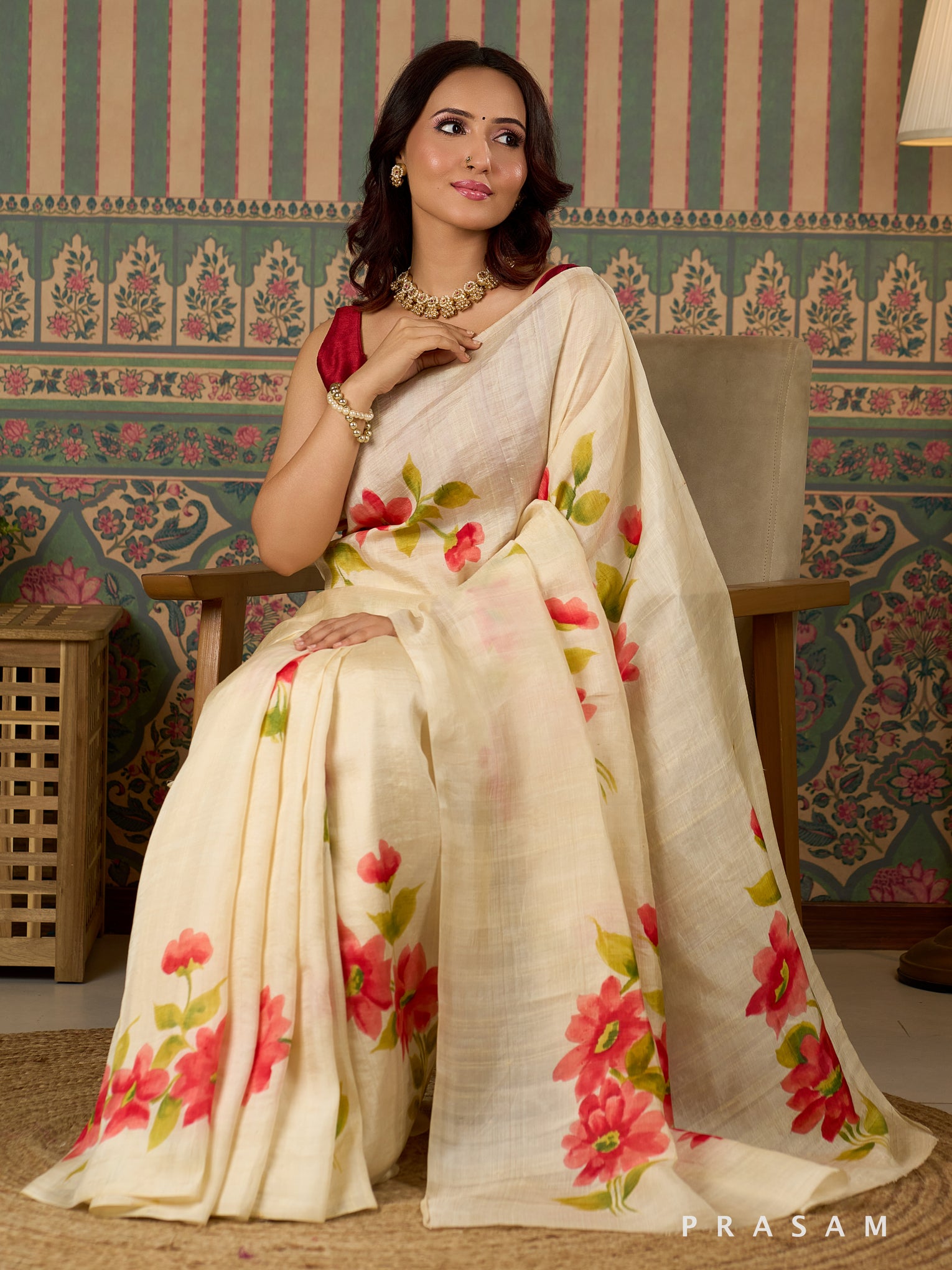 Ivory Flora Hand Painted Pure Silk Saree.