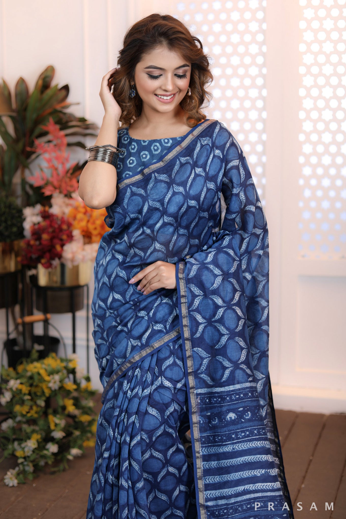 Dewdrop Elegance Elegant blockprinted blue chanderi saree