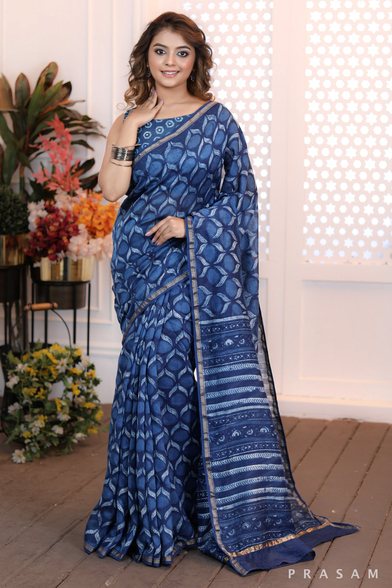 Dewdrop Elegance Elegant blockprinted blue chanderi saree