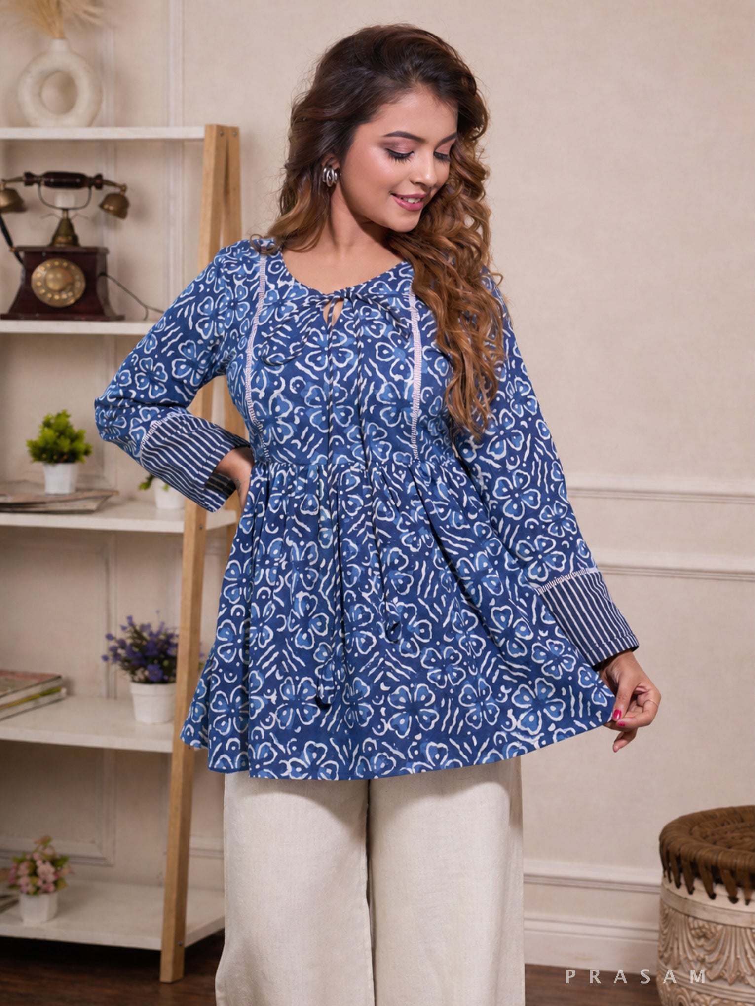 Celestial Indigo Bagru Tunic with Ajrak Accents