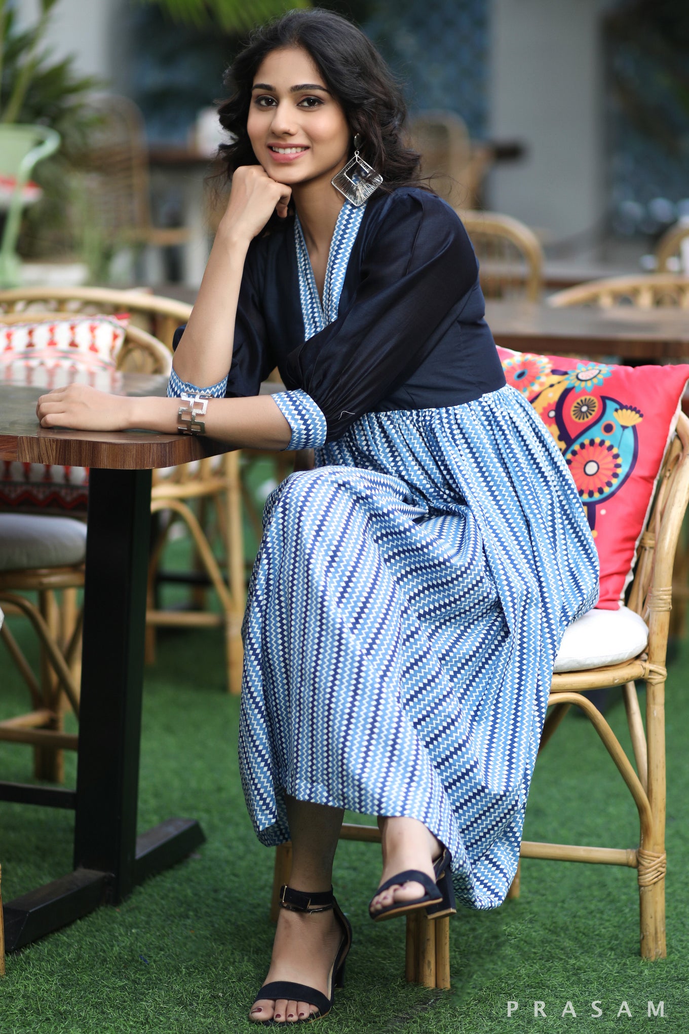 Indigo Classic Couture Sleek Soft Cotton Print And Chanderi Silk Dress With Slight Puff Sleeves