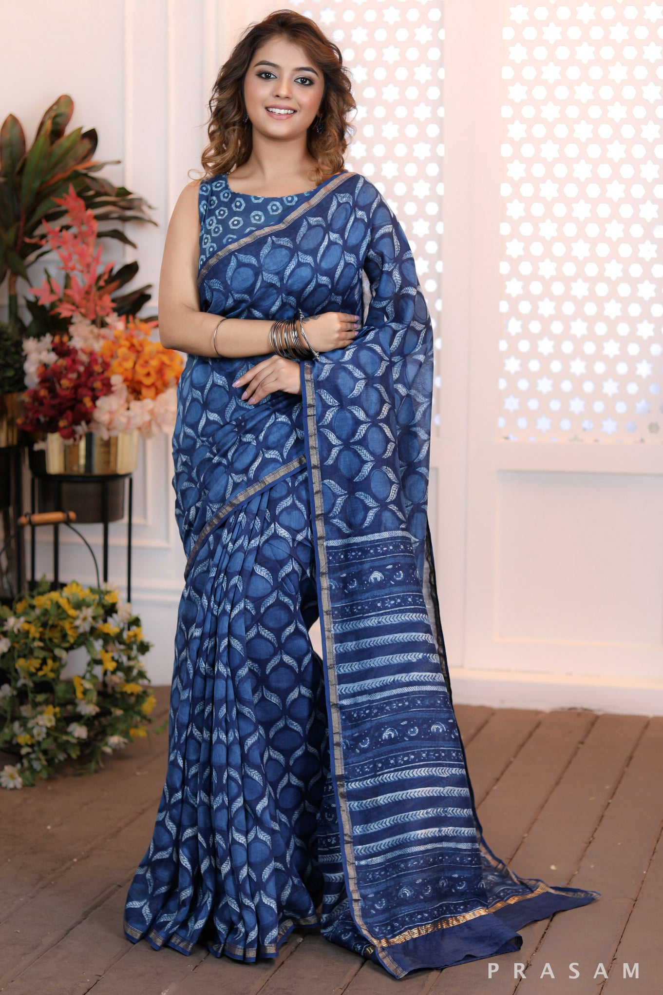 Dewdrop Elegance Elegant blockprinted blue chanderi saree