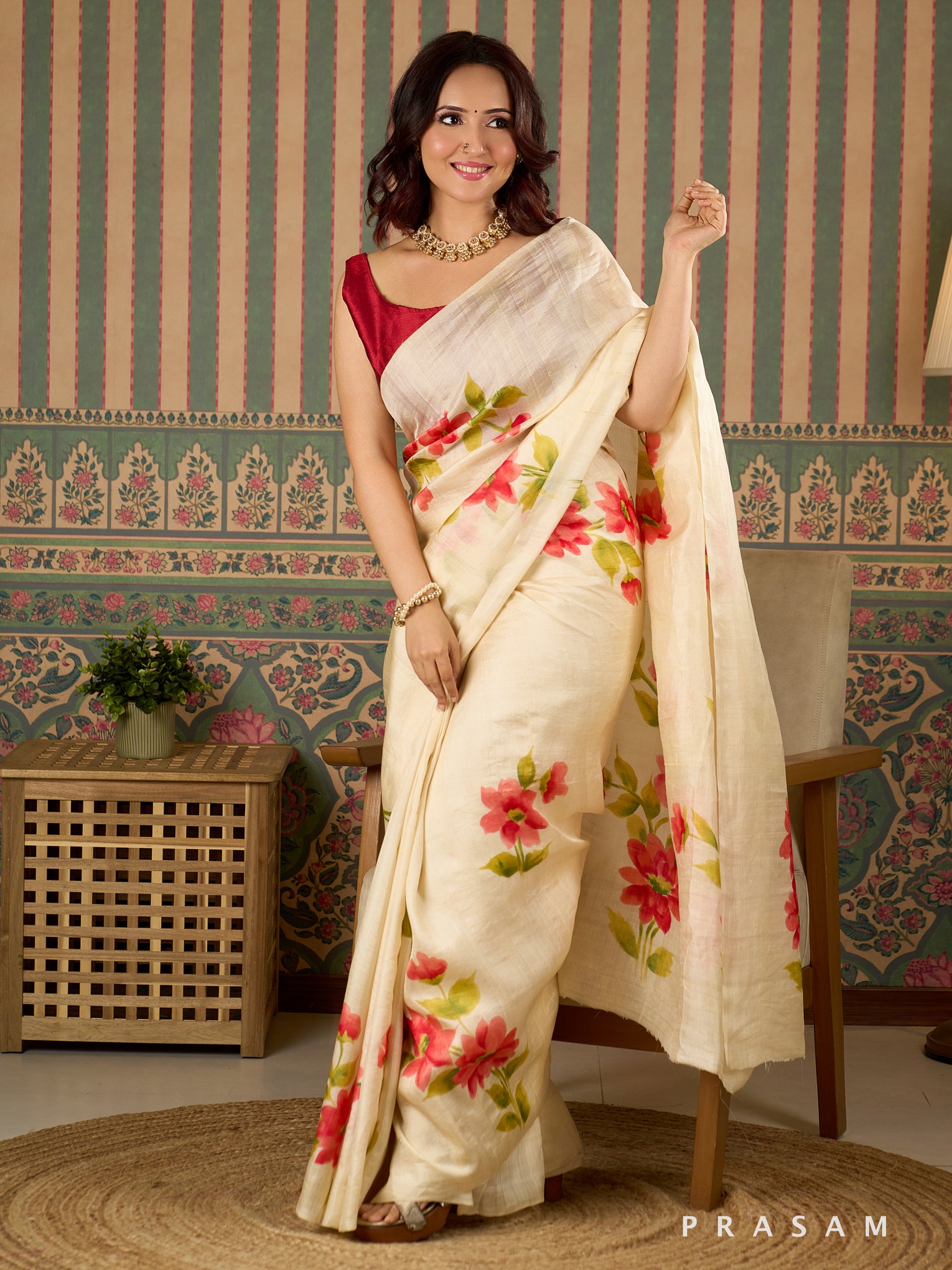 Ivory Flora Hand Painted Pure Silk Saree.
