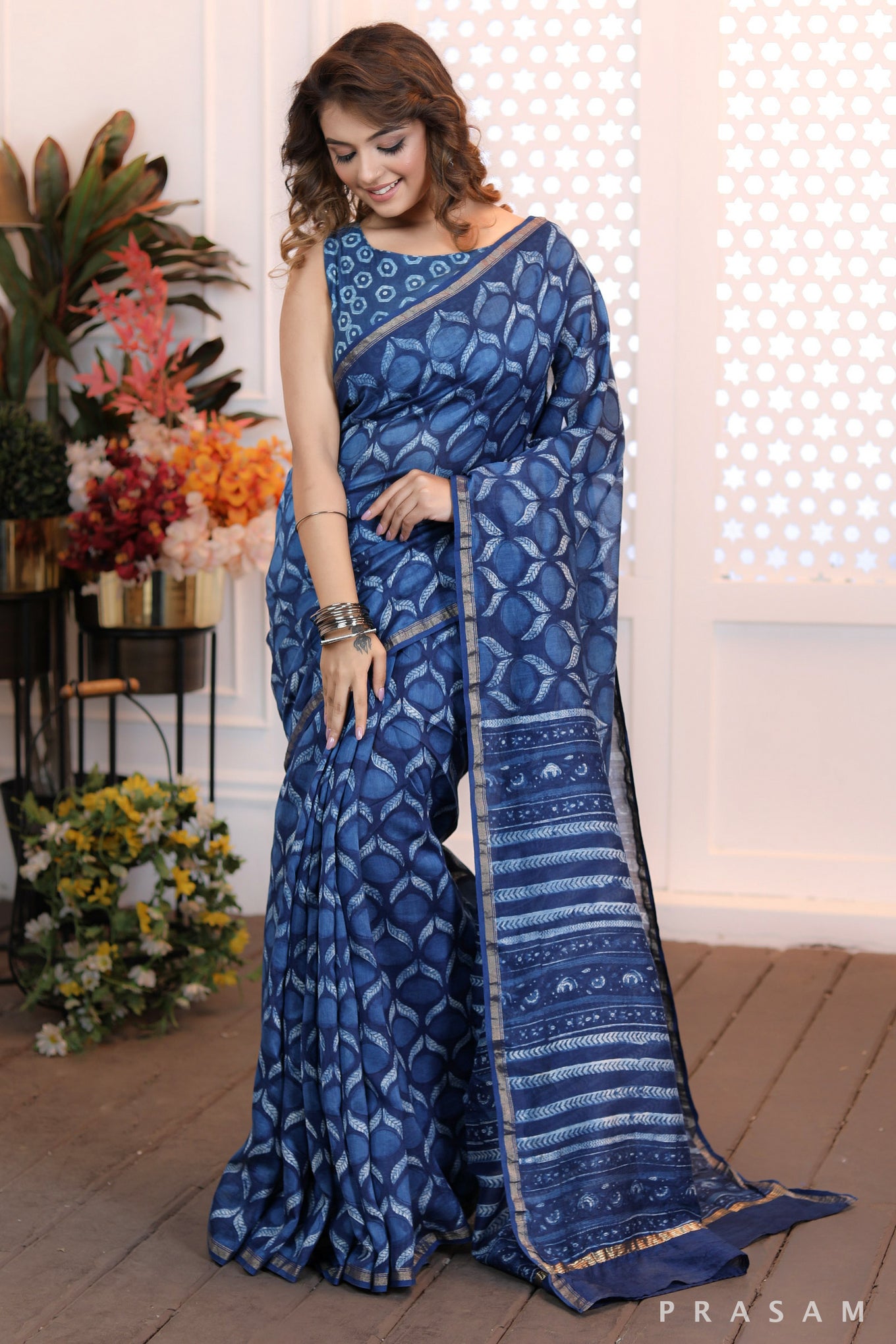 Dewdrop Elegance Elegant blockprinted blue chanderi saree