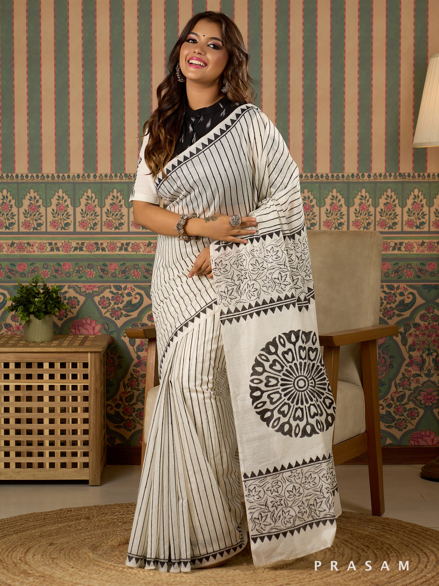 Eclipse Sketch Chanderi Saree with Block Print.