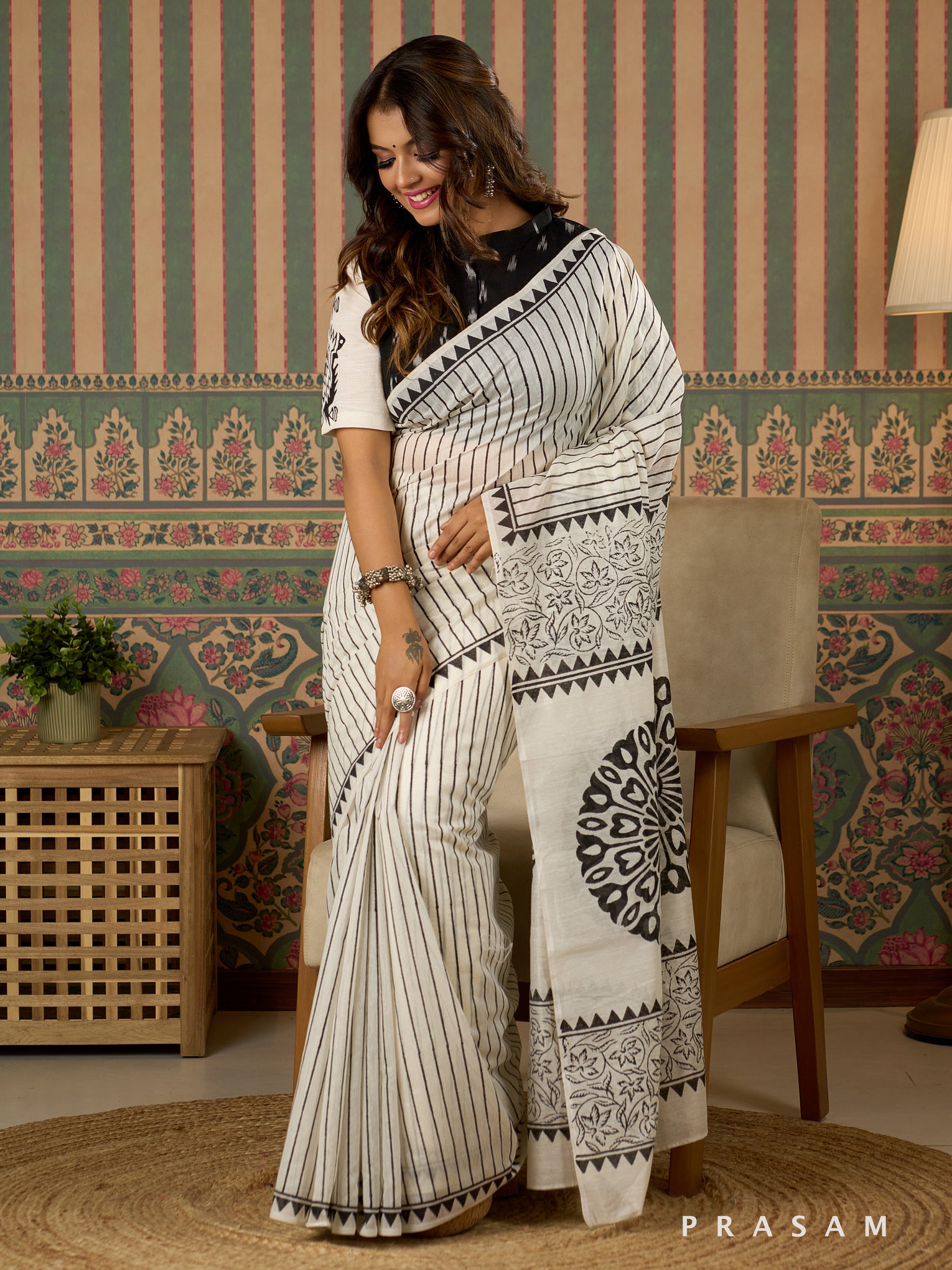 Eclipse Sketch Chanderi Saree with Block Print.