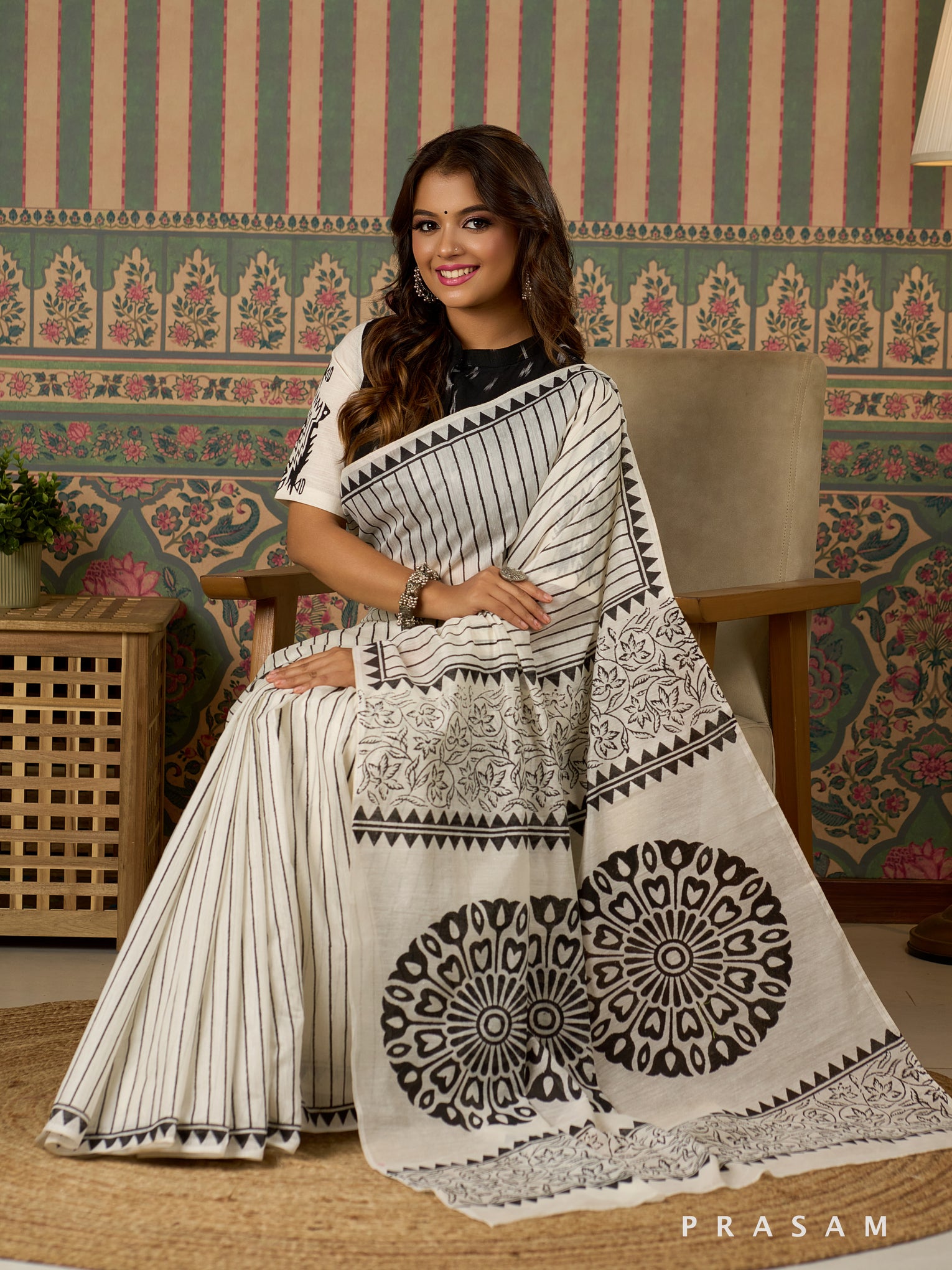 Eclipse Sketch Chanderi Saree with Block Print.