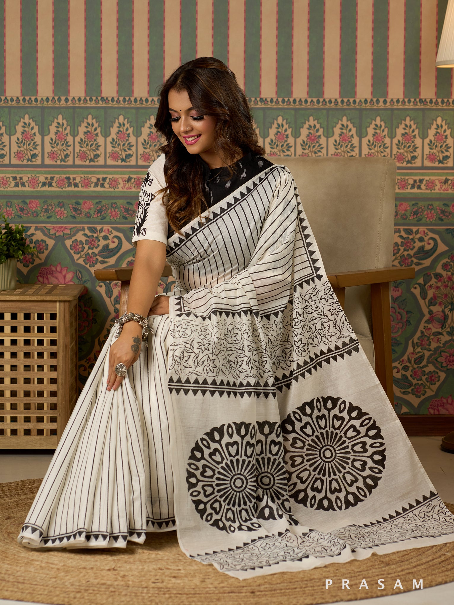 Eclipse Sketch Chanderi Saree with Block Print.