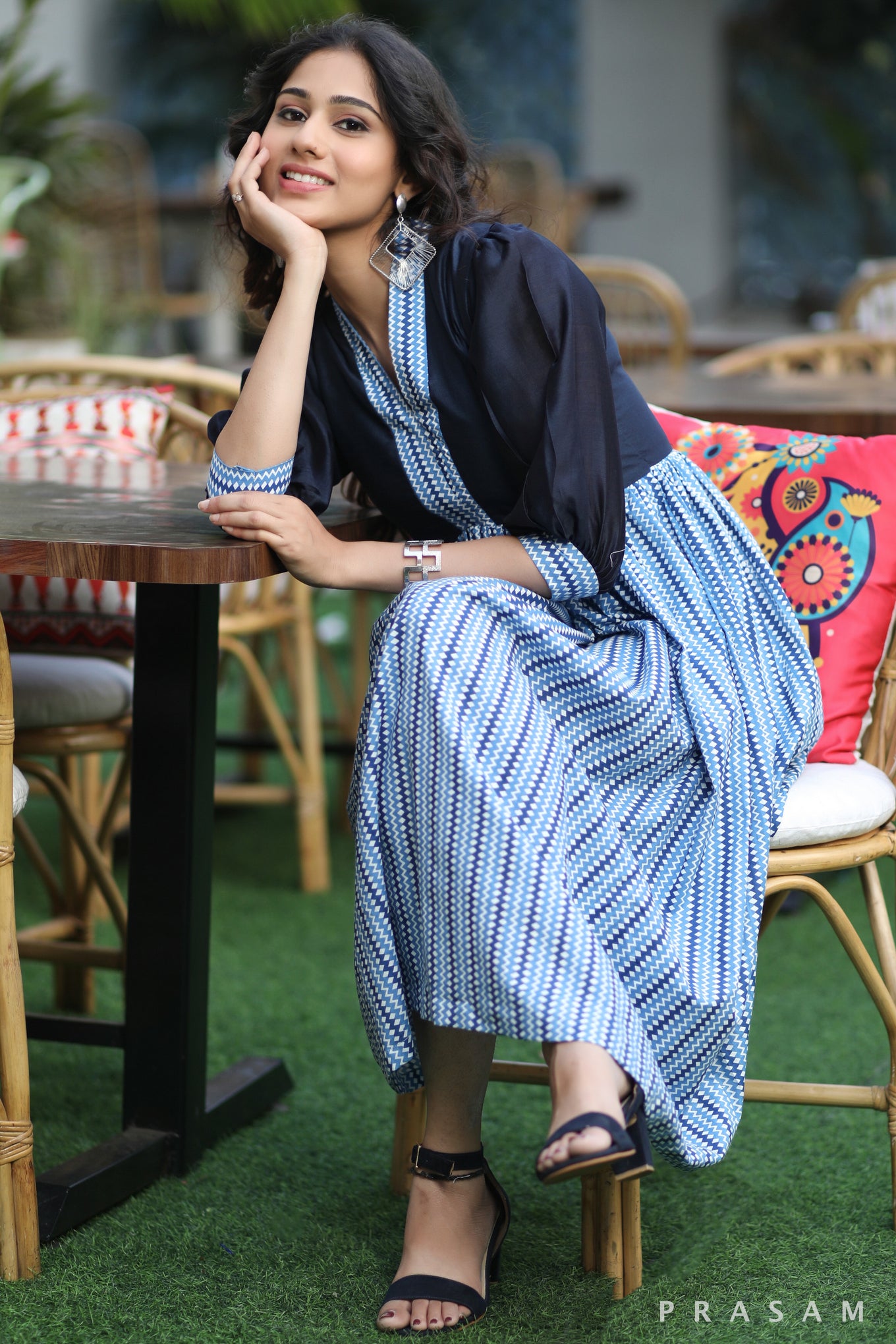 Indigo Classic Couture Sleek Soft Cotton Print And Chanderi Silk Dress With Slight Puff Sleeves