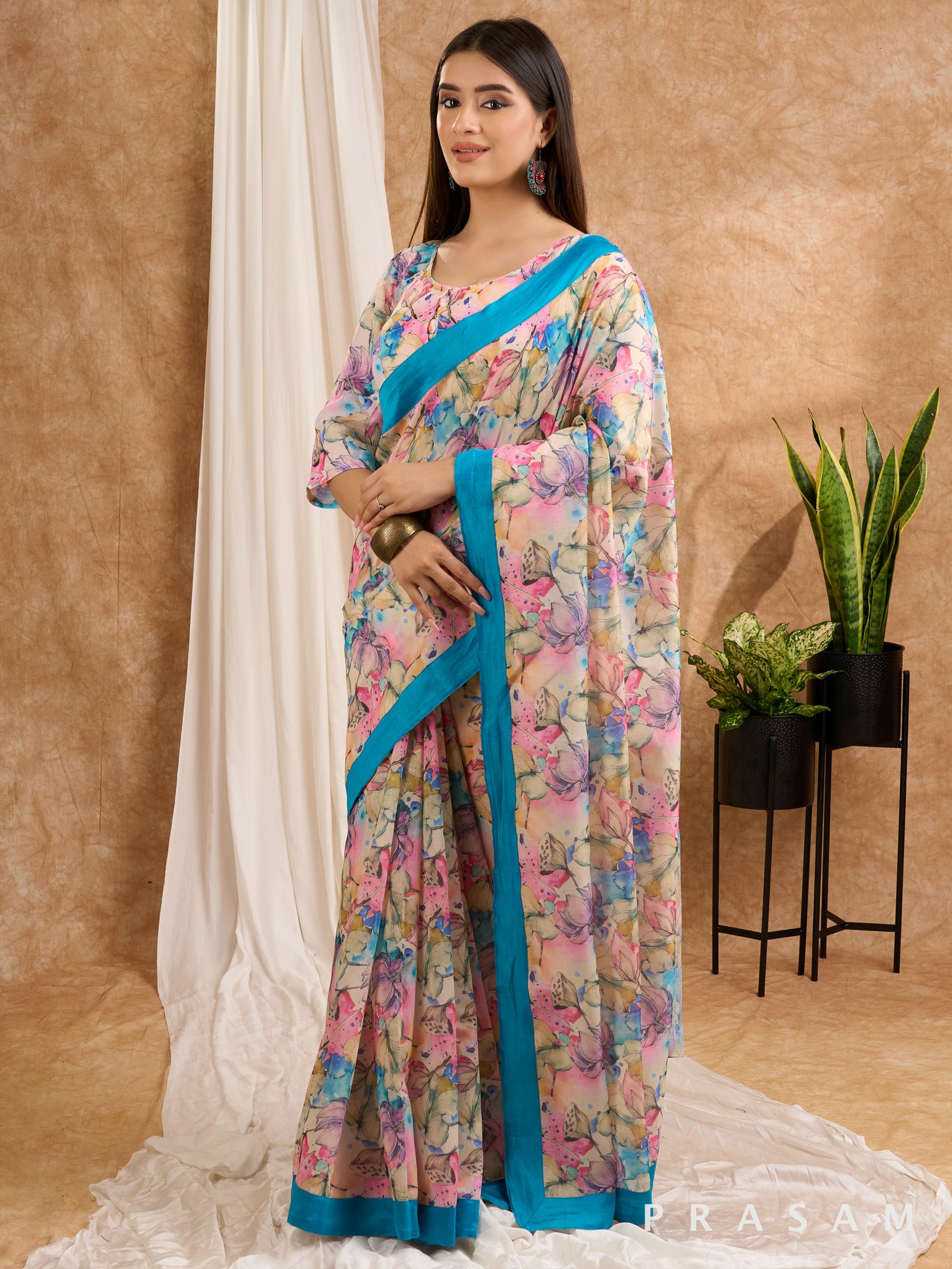 Tropical Mirage- Pink & Blue Chanderi Floral Saree with Blue Border