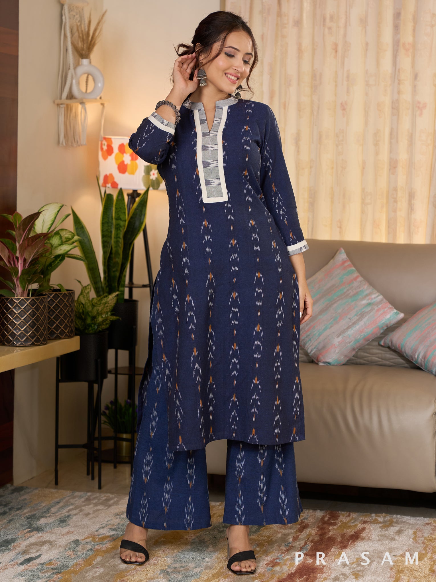 Navy Blue Cotton Ikat Kurta Set