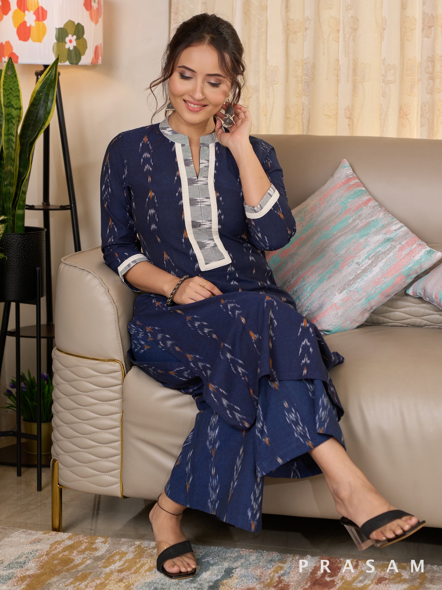 Navy Blue Cotton Ikat Kurta Set