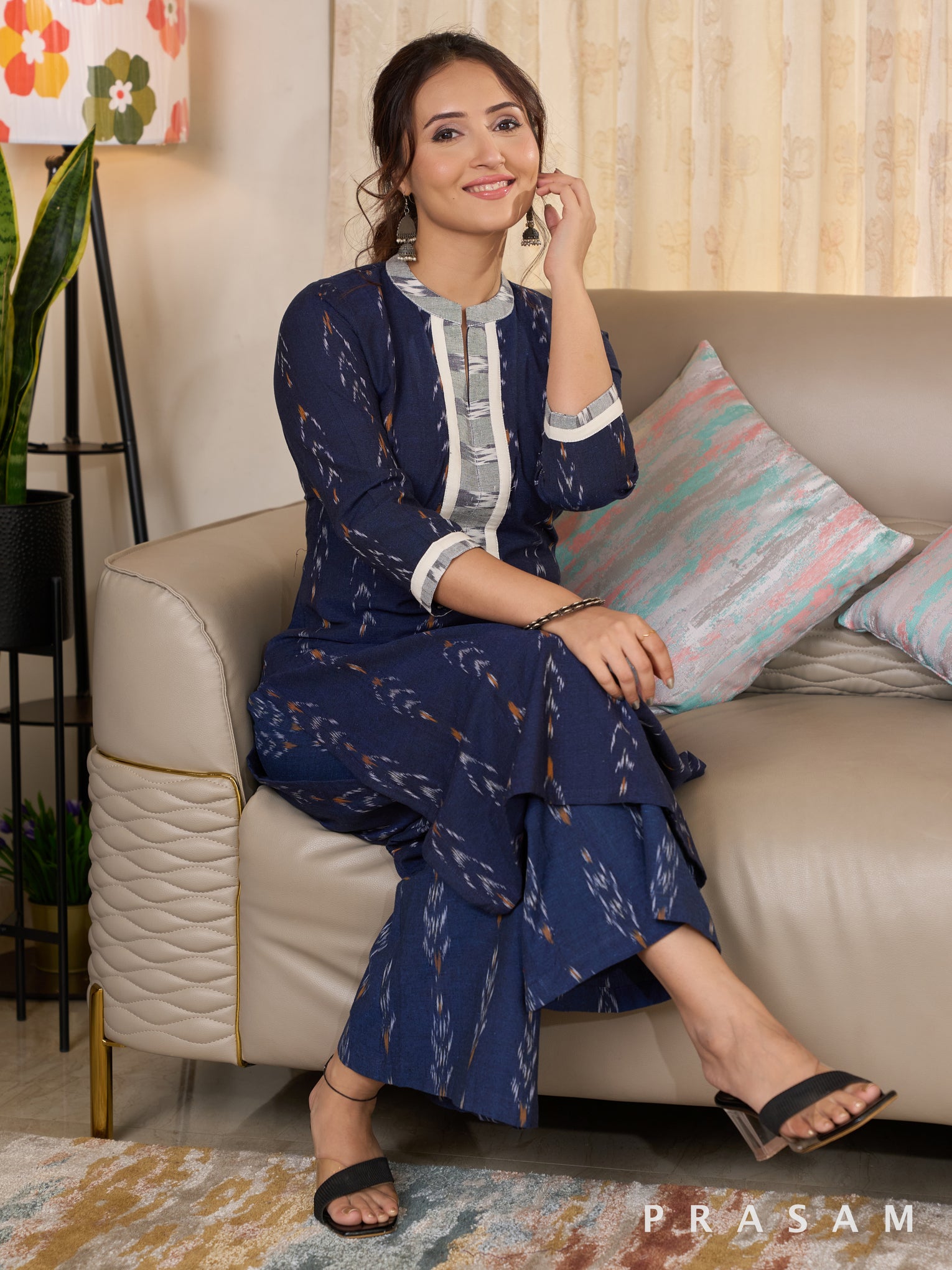 Navy Blue Cotton Ikat Kurta Set