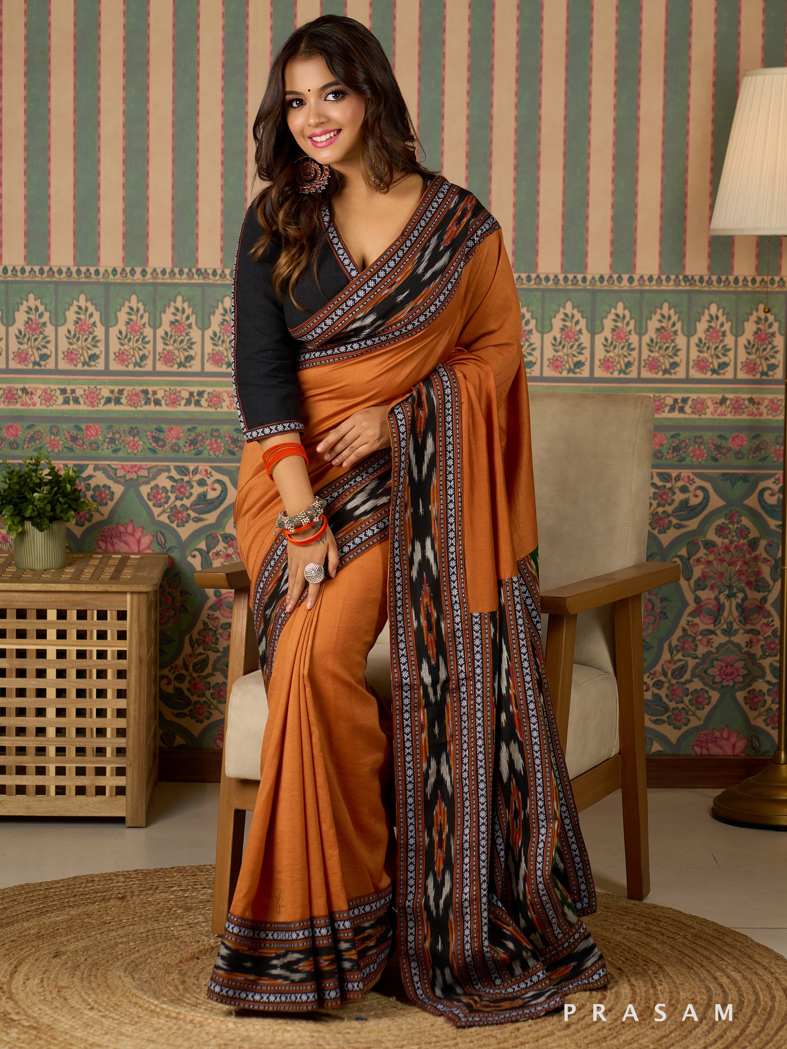 TerraWeave Chanderi Saree with Ikat Border