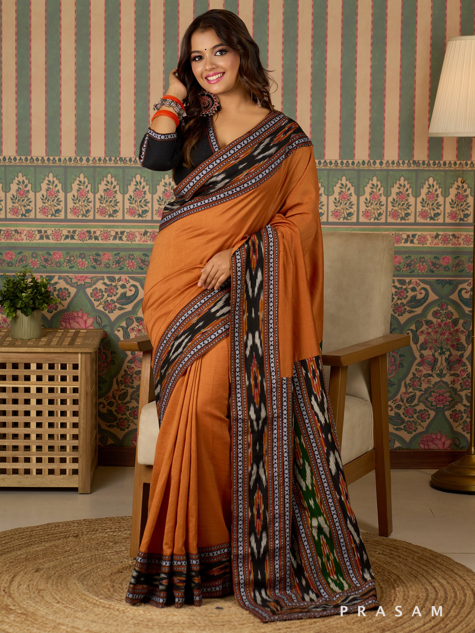 TerraWeave Chanderi Saree with Ikat Border