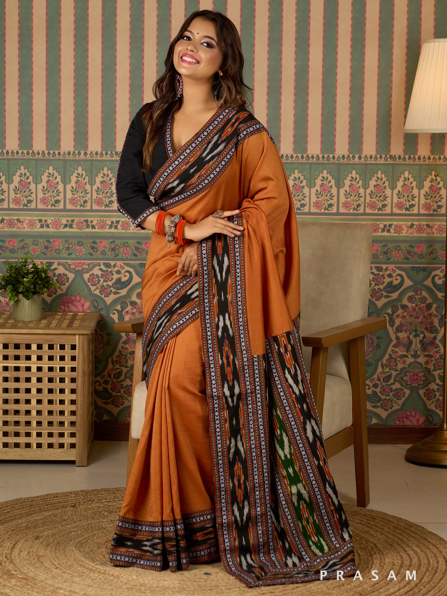 TerraWeave Chanderi Saree with Ikat Border