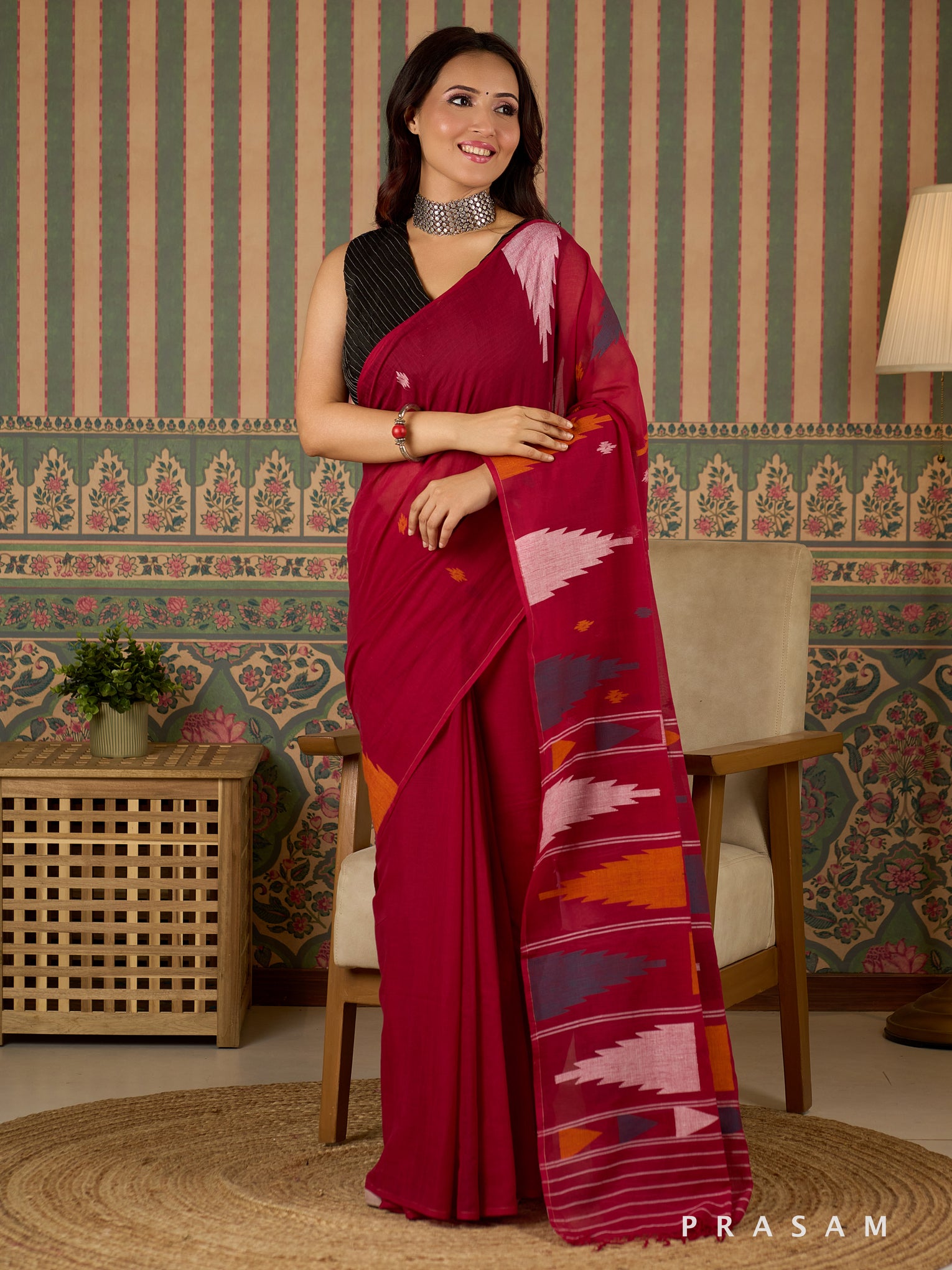 Sacred Maroon Handwoven Cotton Saree