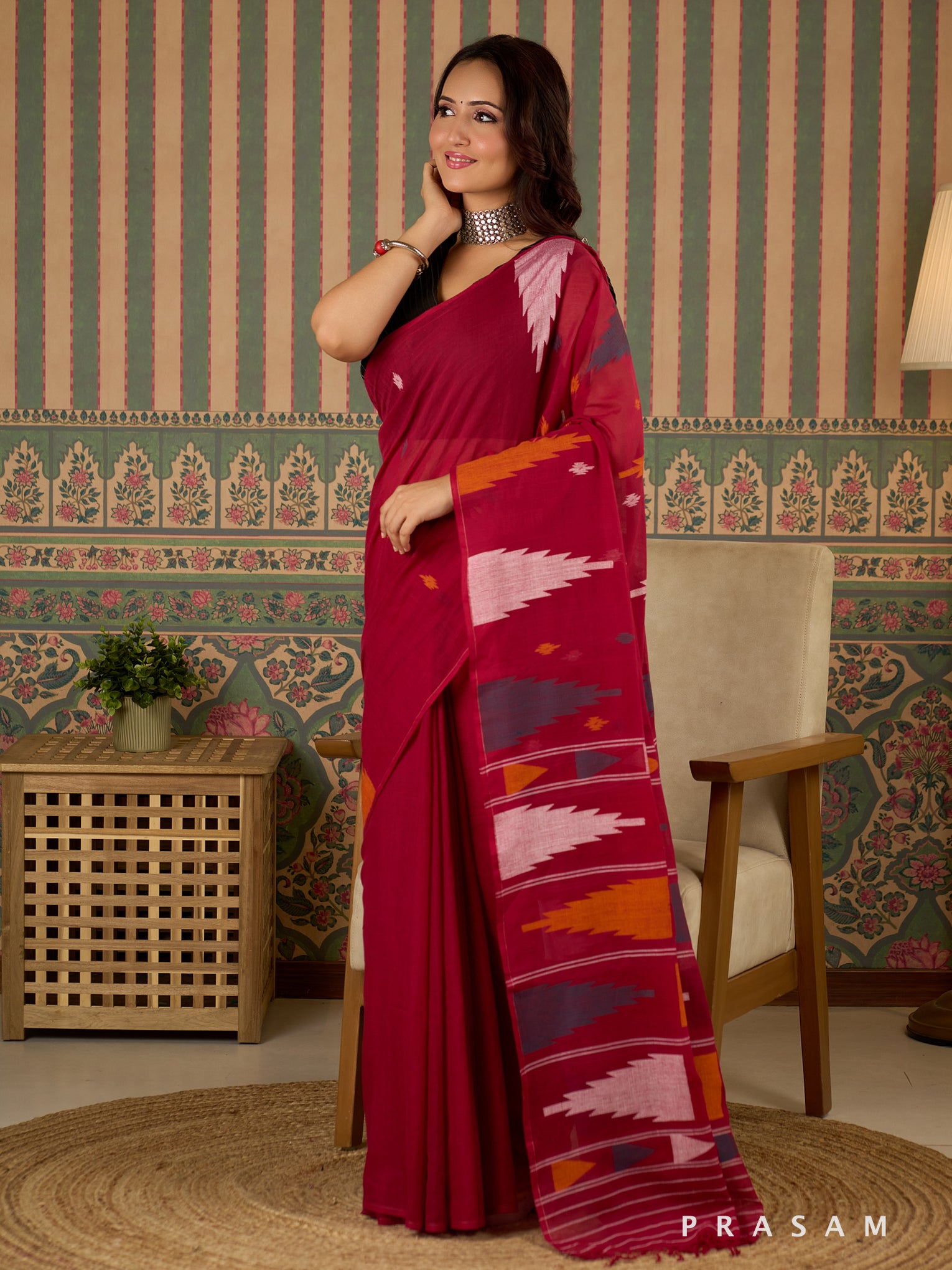 Sacred Maroon Handwoven Cotton Saree