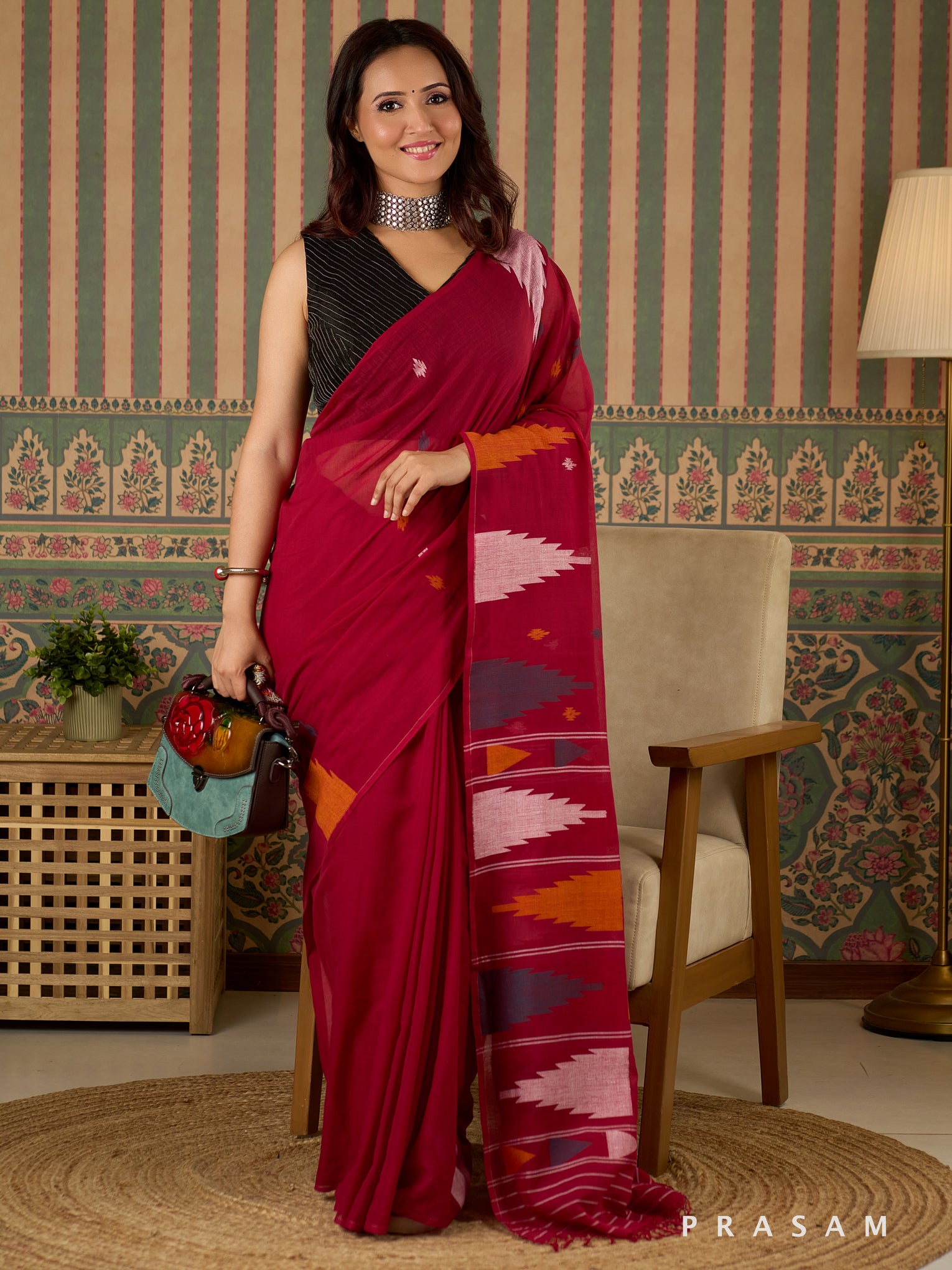 Sacred Maroon Handwoven Cotton Saree