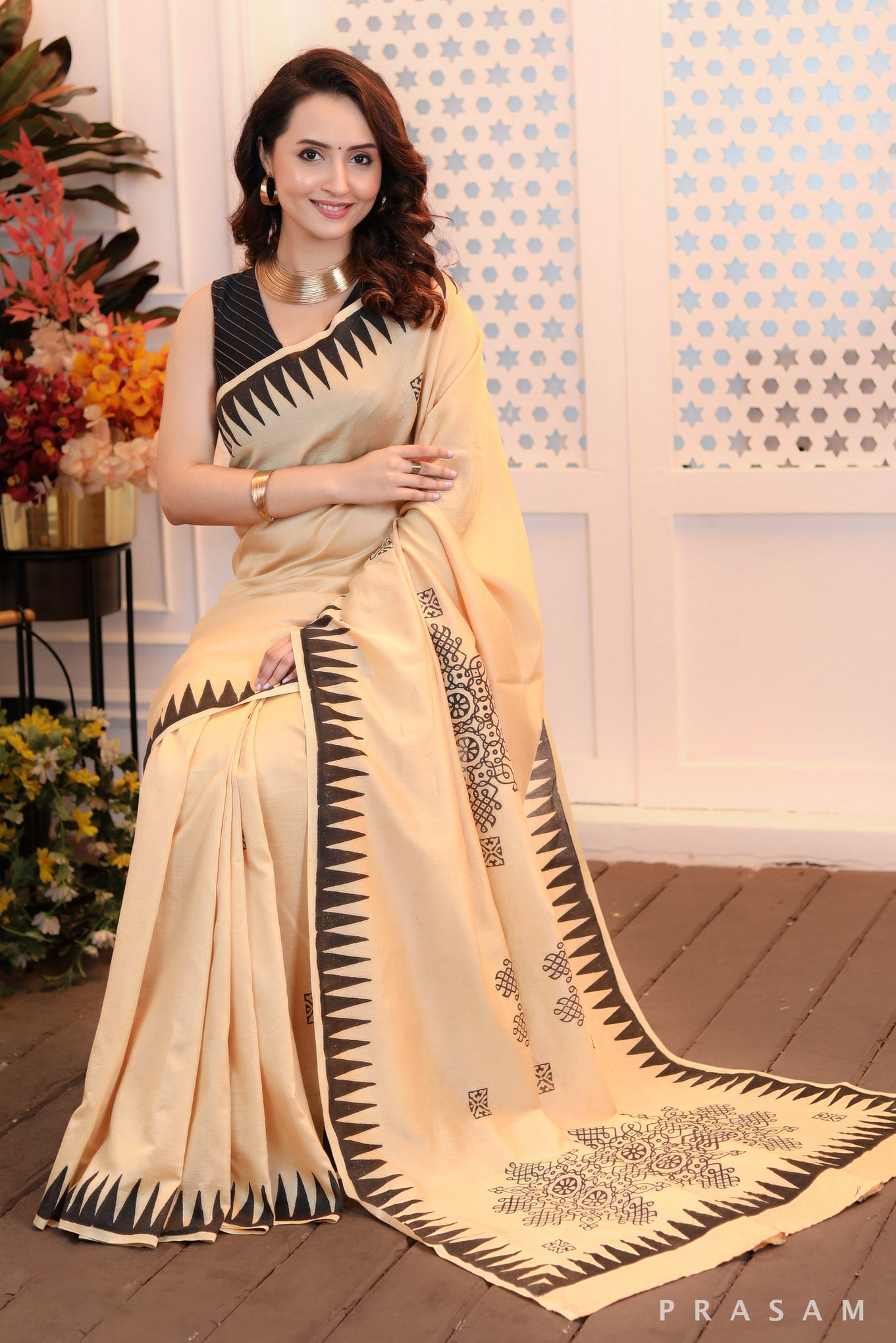 Golden grace exclusive golden hand block printed chanderi saree