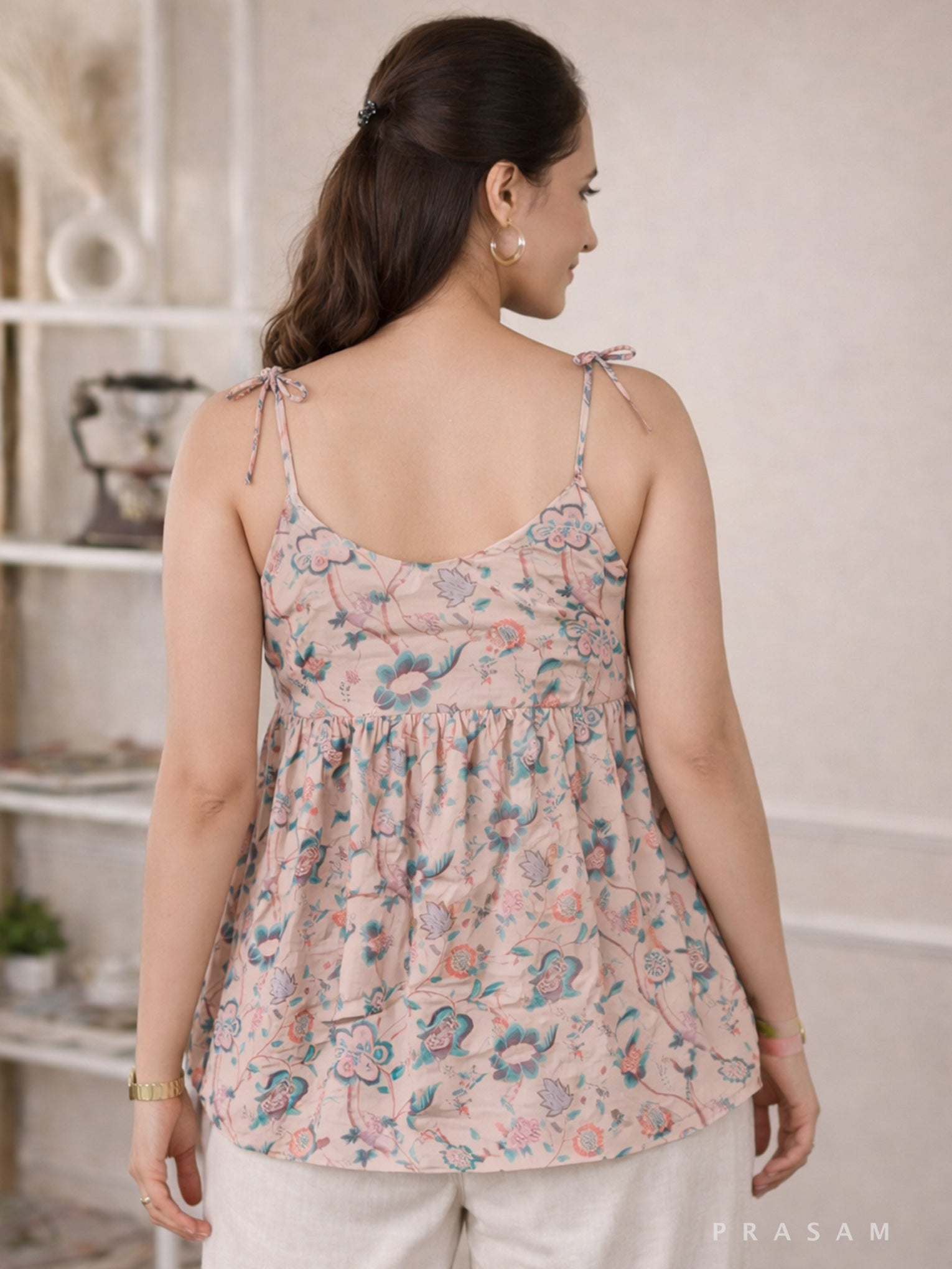 Blush Floral Tie-Up Strap Chanderi Peplum Top