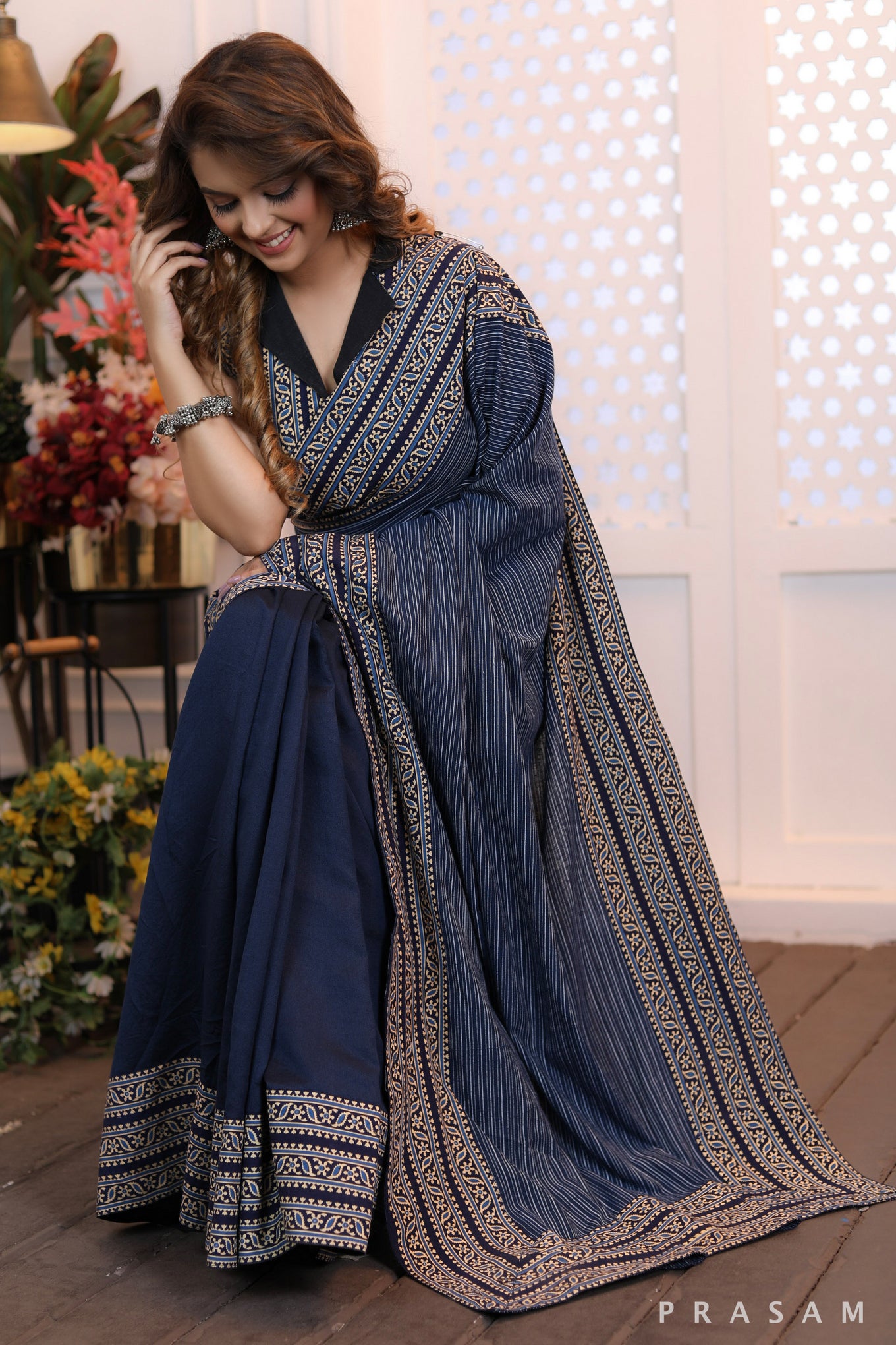 Sapphire Serenade Formal half & half chanderi and cotton mix and cotton ajrakh borders saree