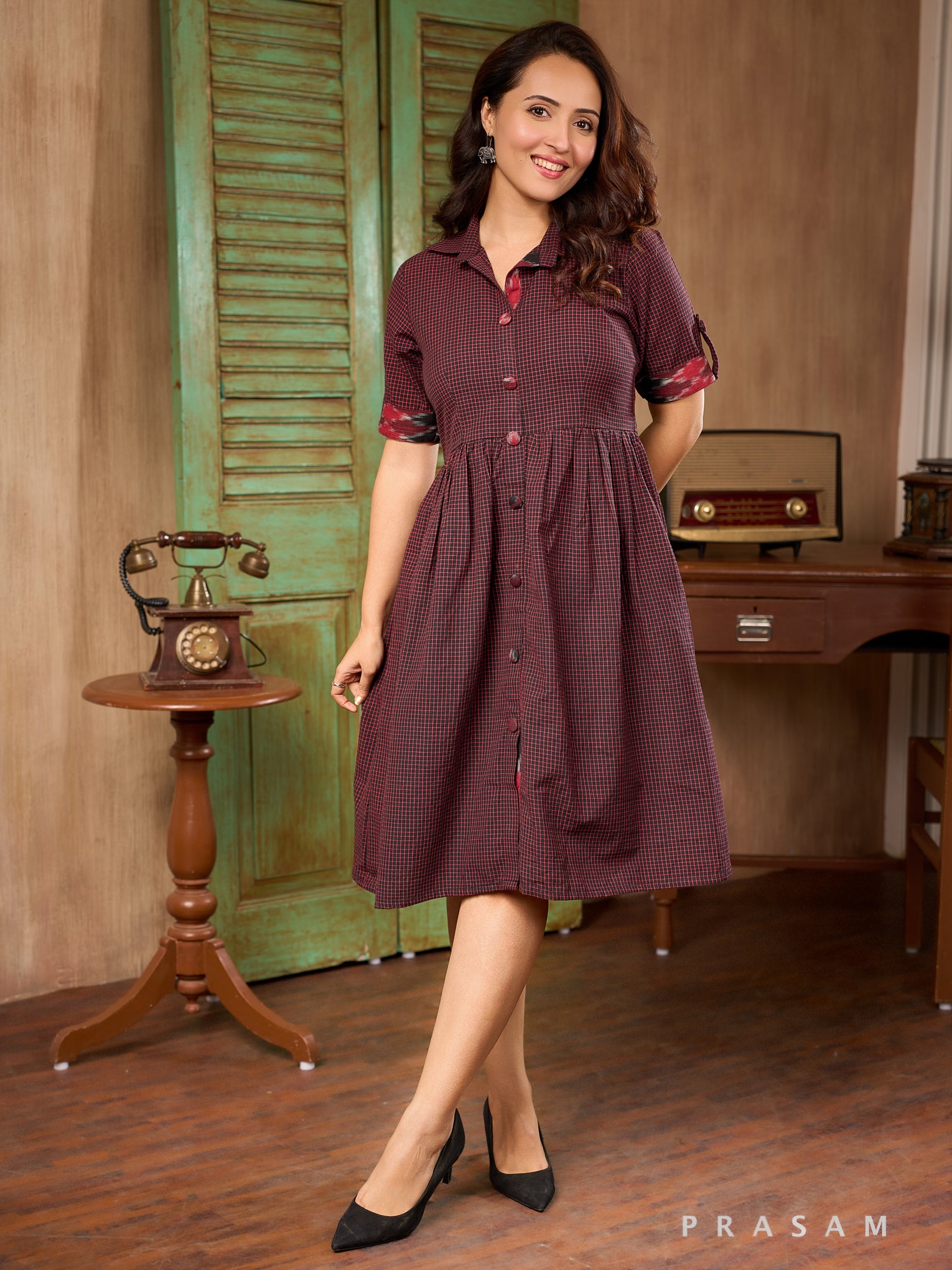 Merlot Plaid Chic Handloom Cotton Dress