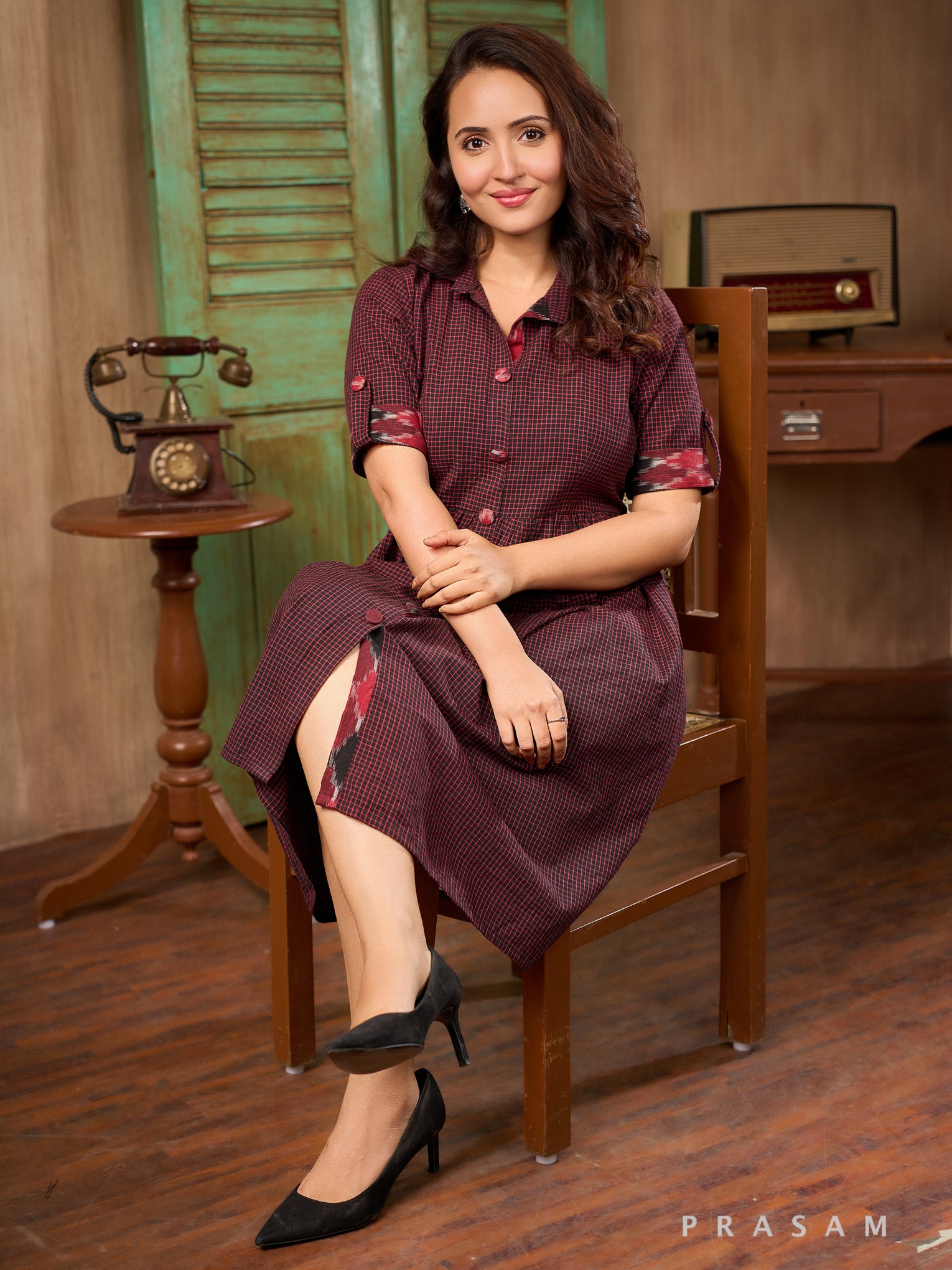 Merlot Plaid Chic Handloom Cotton Dress