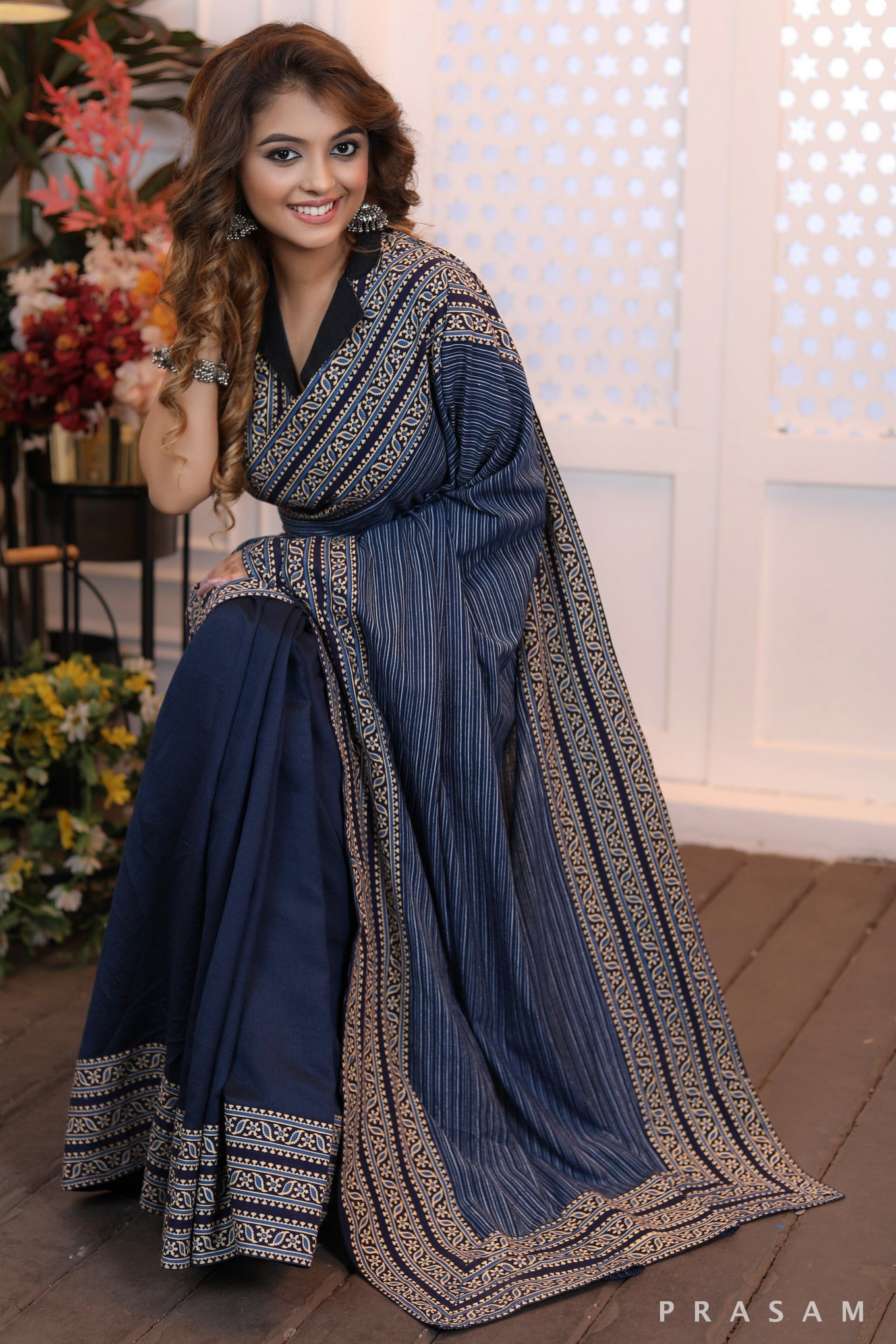 Sapphire Serenade Formal half & half chanderi and cotton mix and cotton ajrakh borders saree