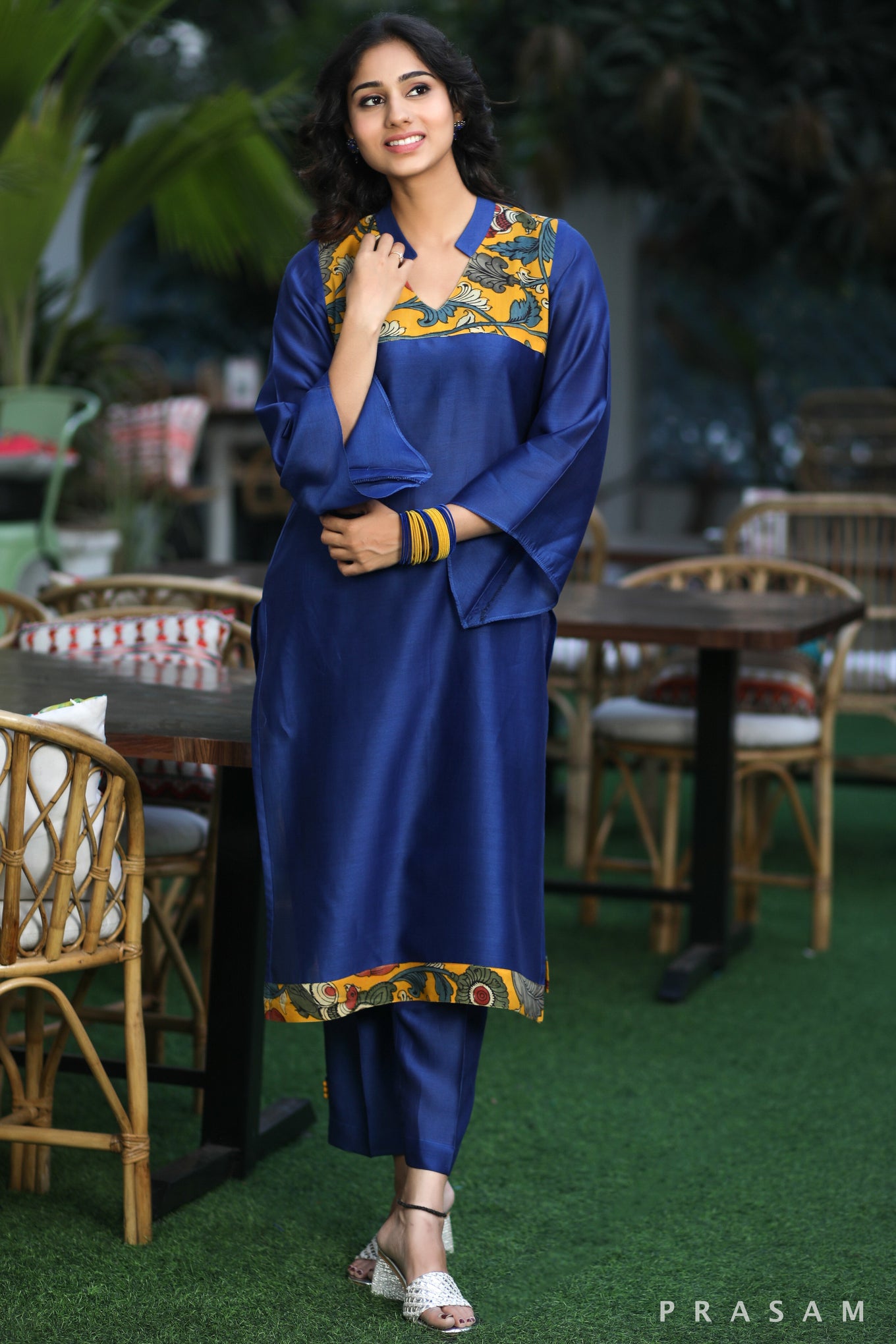 Majestic Moonstone Classic Ink Blue Chanderi Silk Kurti Set With Kalamkari Trims