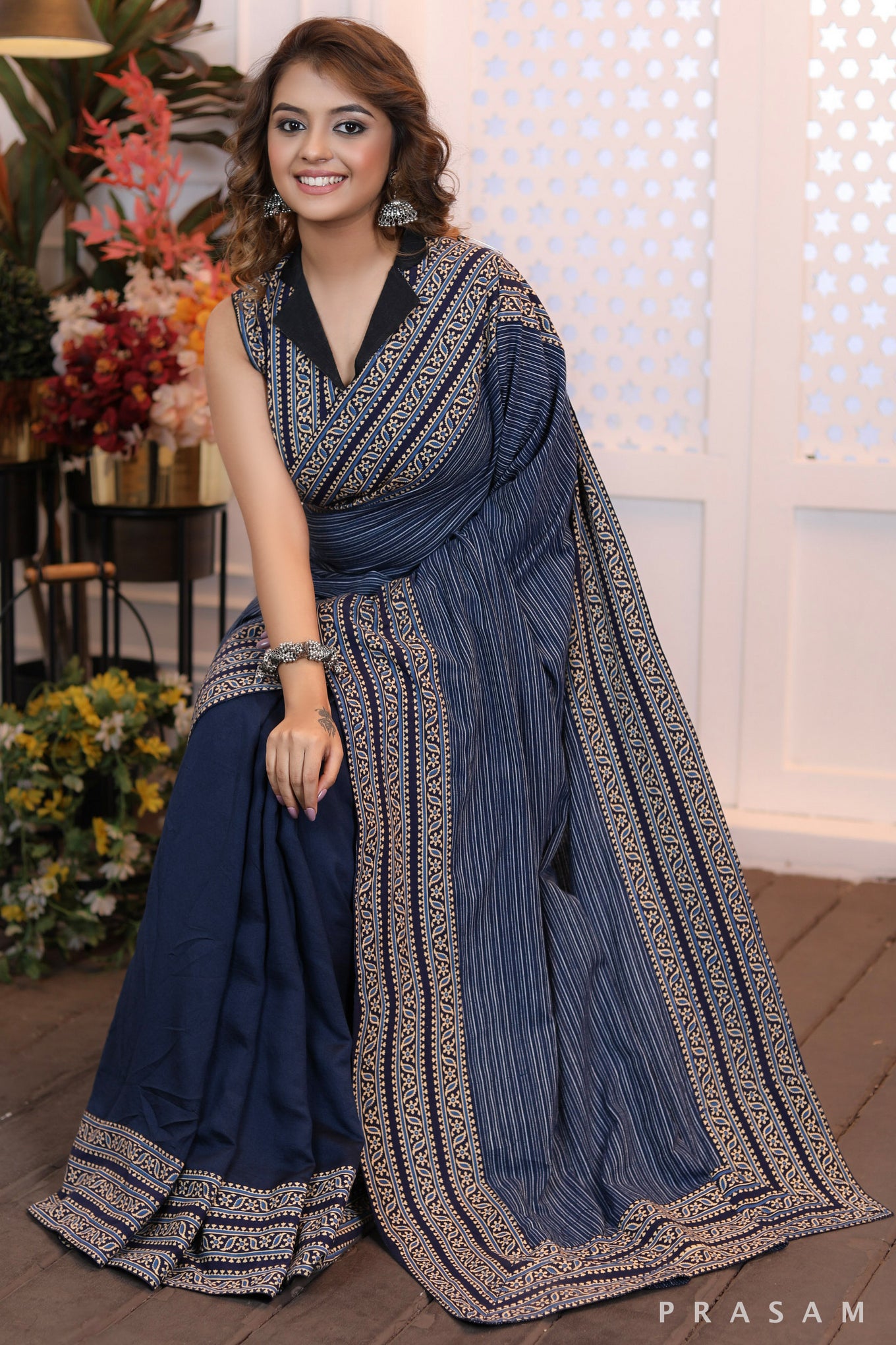 Sapphire Serenade Formal half & half chanderi and cotton mix and cotton ajrakh borders saree