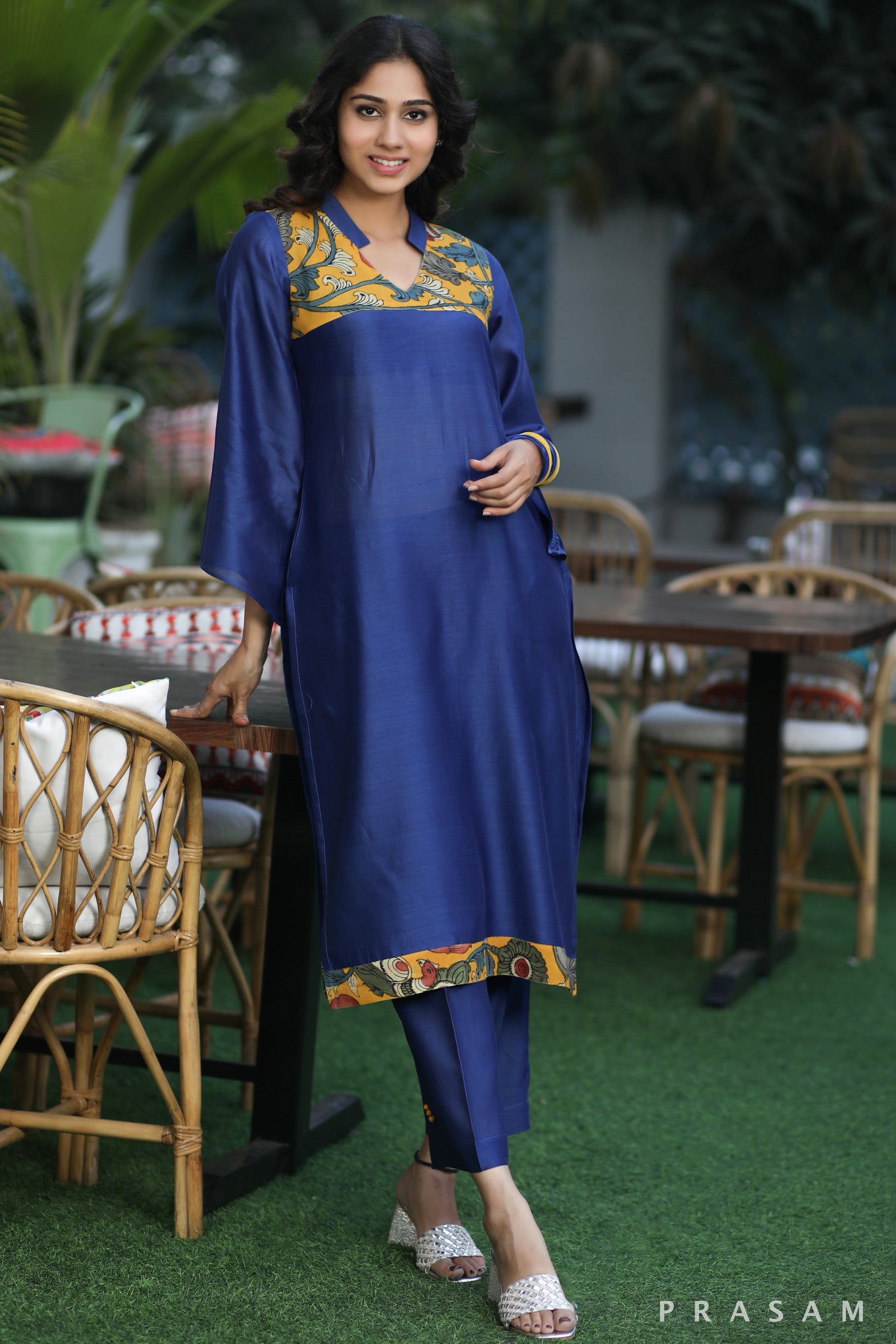 Majestic Moonstone Classic Ink Blue Chanderi Silk Kurti Set With Kalamkari Trims