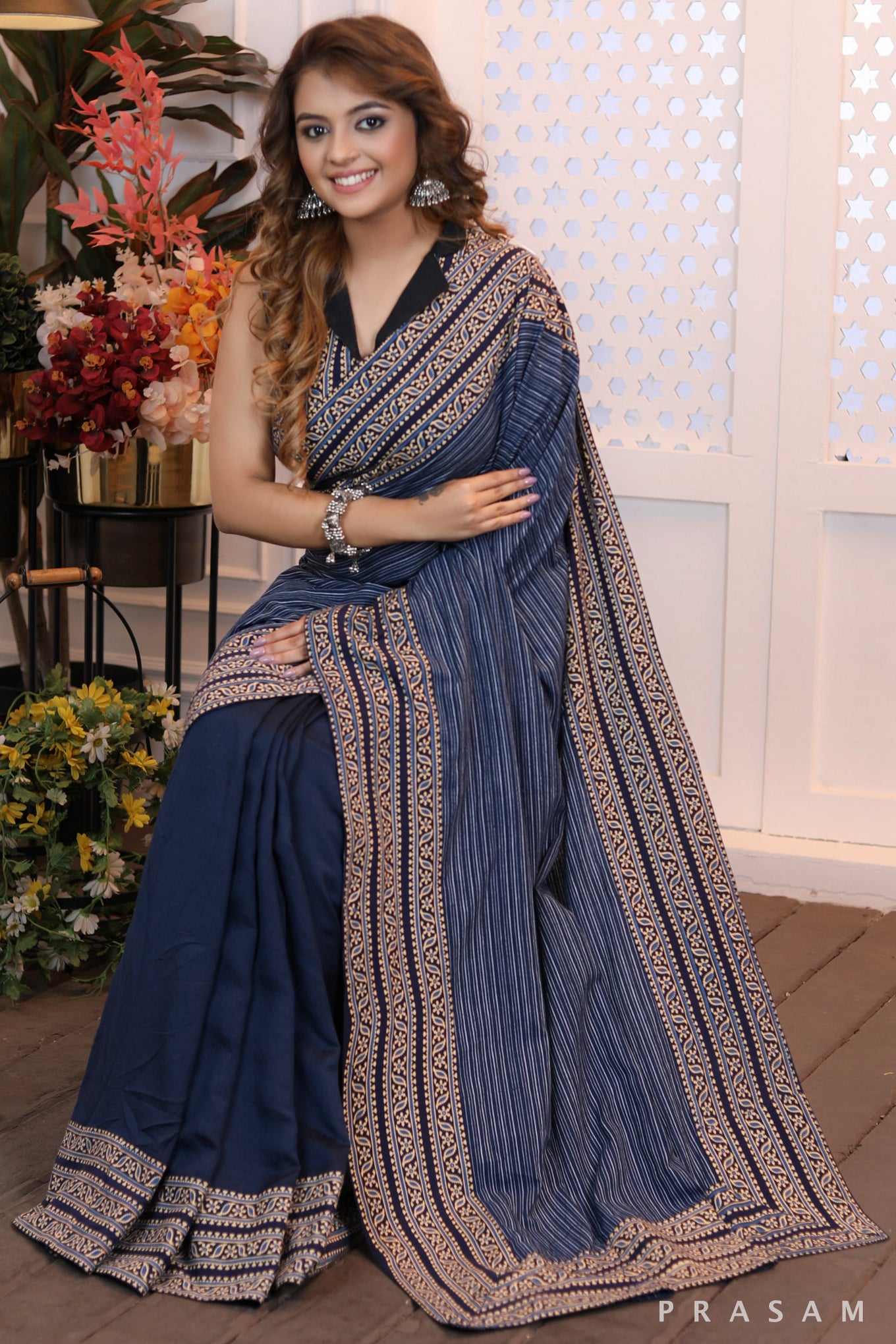 Sapphire Serenade Formal half & half chanderi and cotton mix and cotton ajrakh borders saree