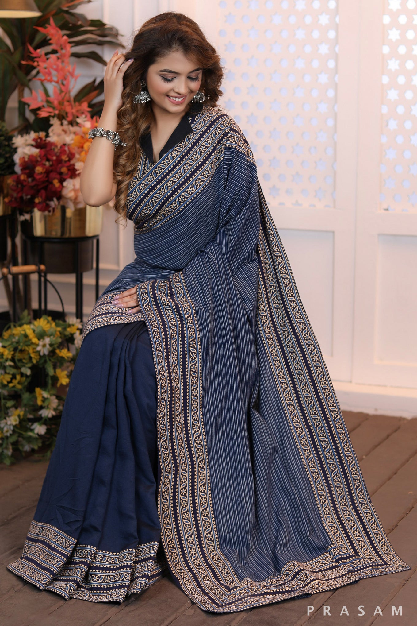 Sapphire Serenade Formal half & half chanderi and cotton mix and cotton ajrakh borders saree