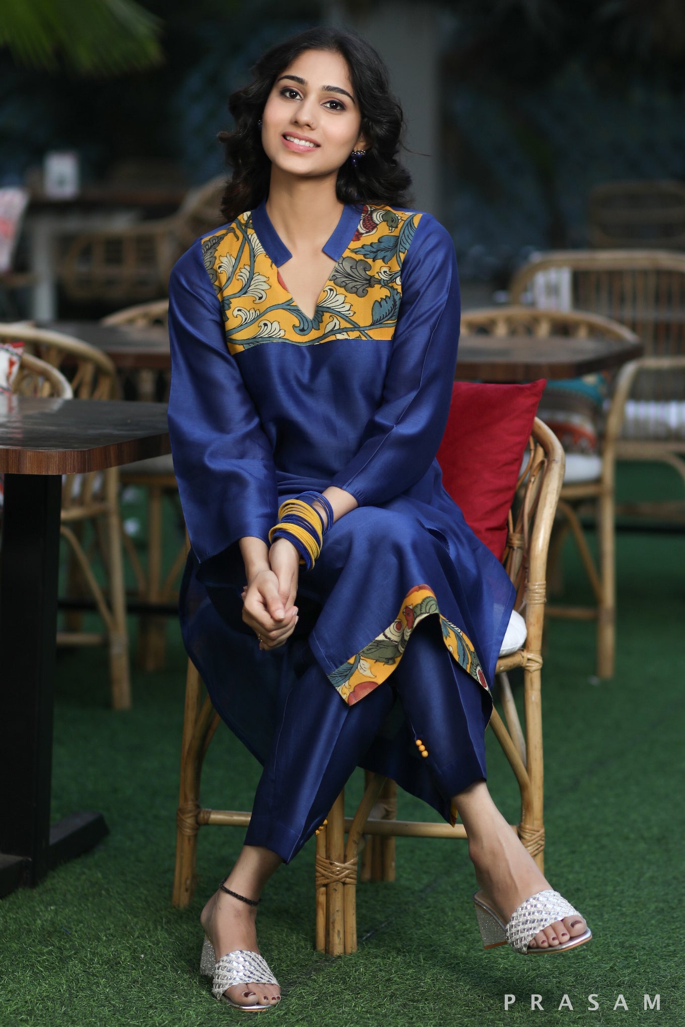 Majestic Moonstone Classic Ink Blue Chanderi Silk Kurti Set With Kalamkari Trims