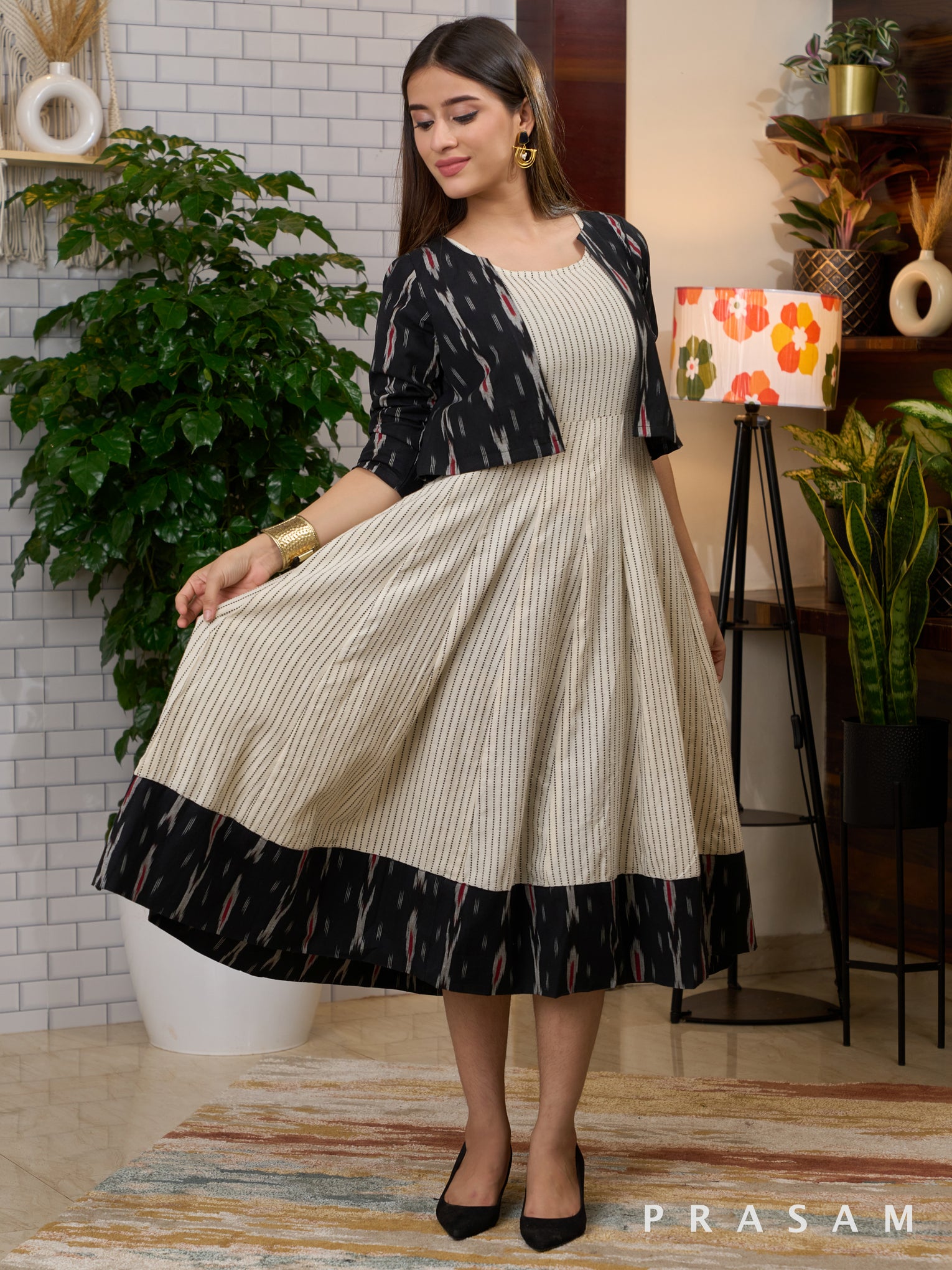 Stripe Symphony Dress With Ikat Daaman and Jacket