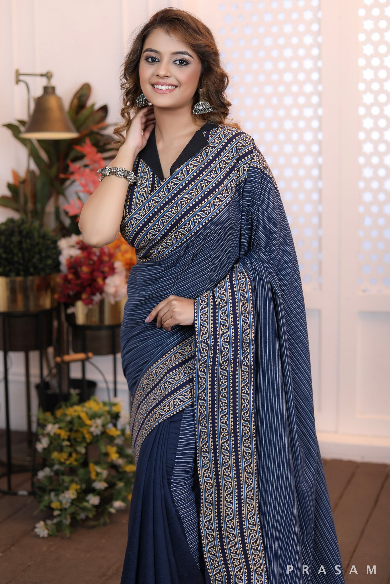 Sapphire Serenade Formal half & half chanderi and cotton mix and cotton ajrakh borders saree