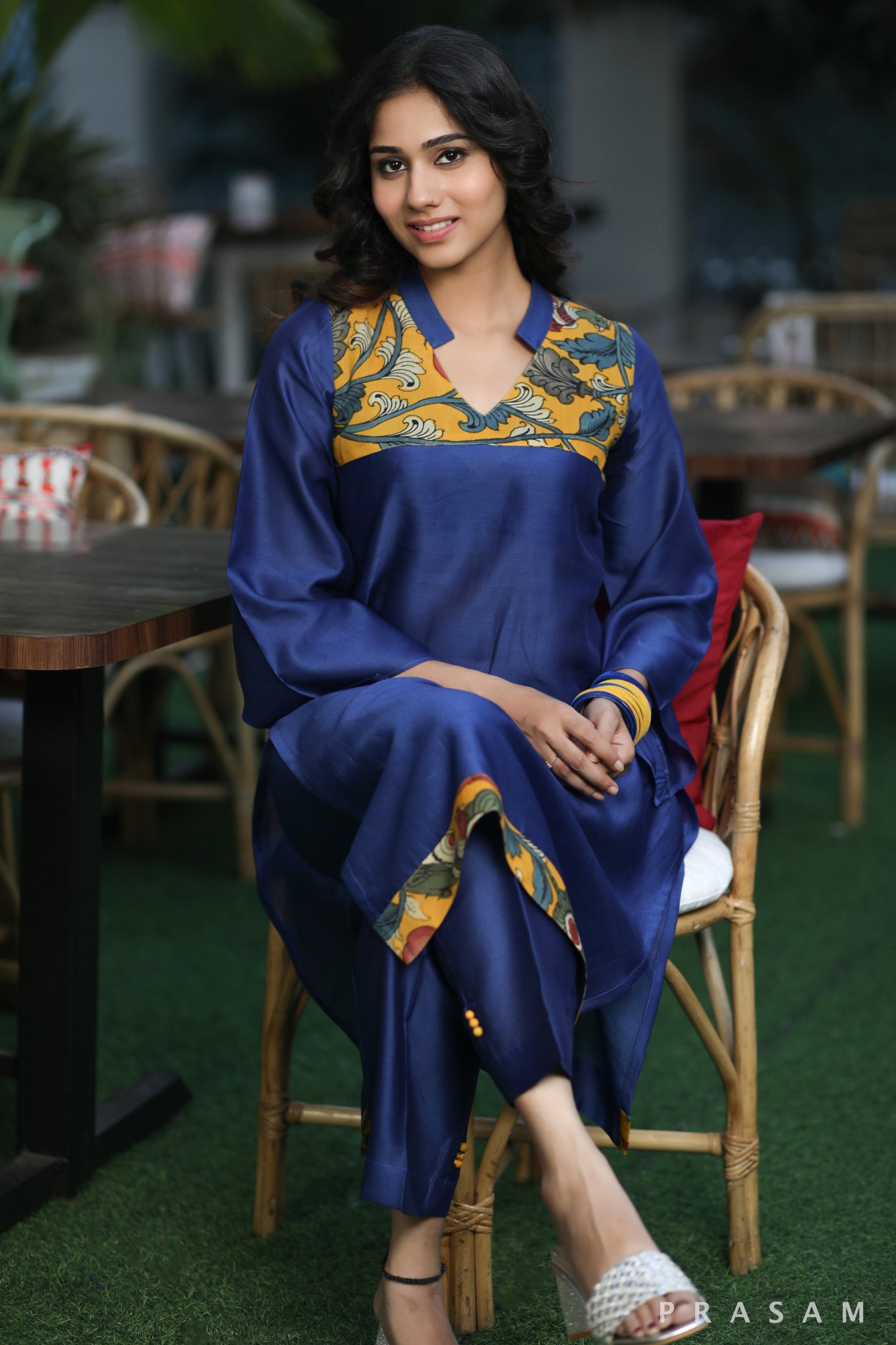 Majestic Moonstone Classic Ink Blue Chanderi Silk Kurti Set With Kalamkari Trims