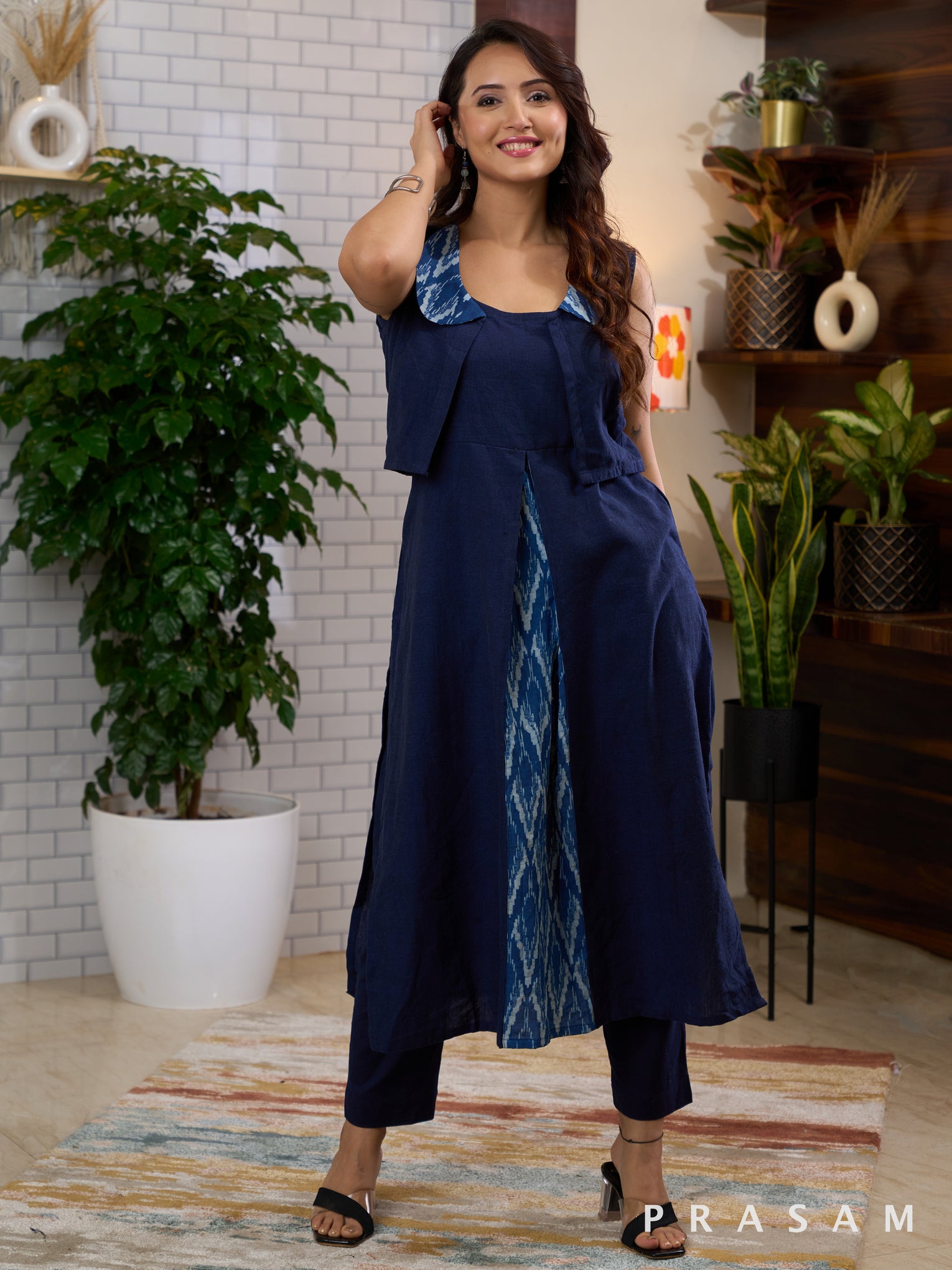 Aqua Veil Kurti Set with Bagru Collor and a Matching Jacket