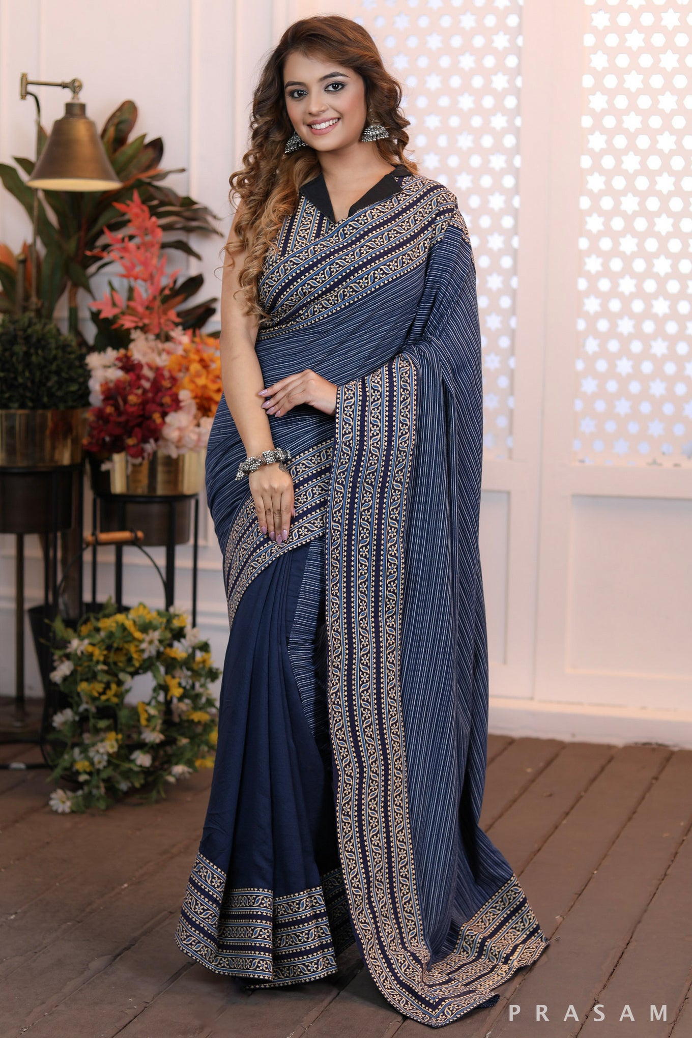 Sapphire Serenade Formal half & half chanderi and cotton mix and cotton ajrakh borders saree