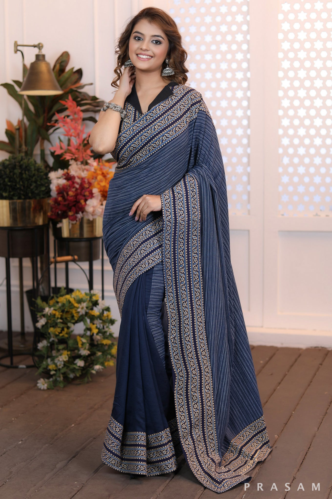 Sapphire Serenade Formal half & half chanderi and cotton mix and cotton ajrakh borders saree