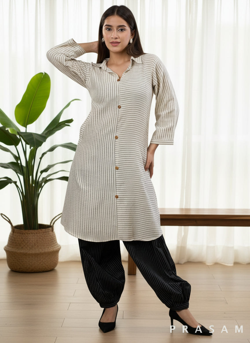 Pearl & Graphite Striped Cotton Kurta Set