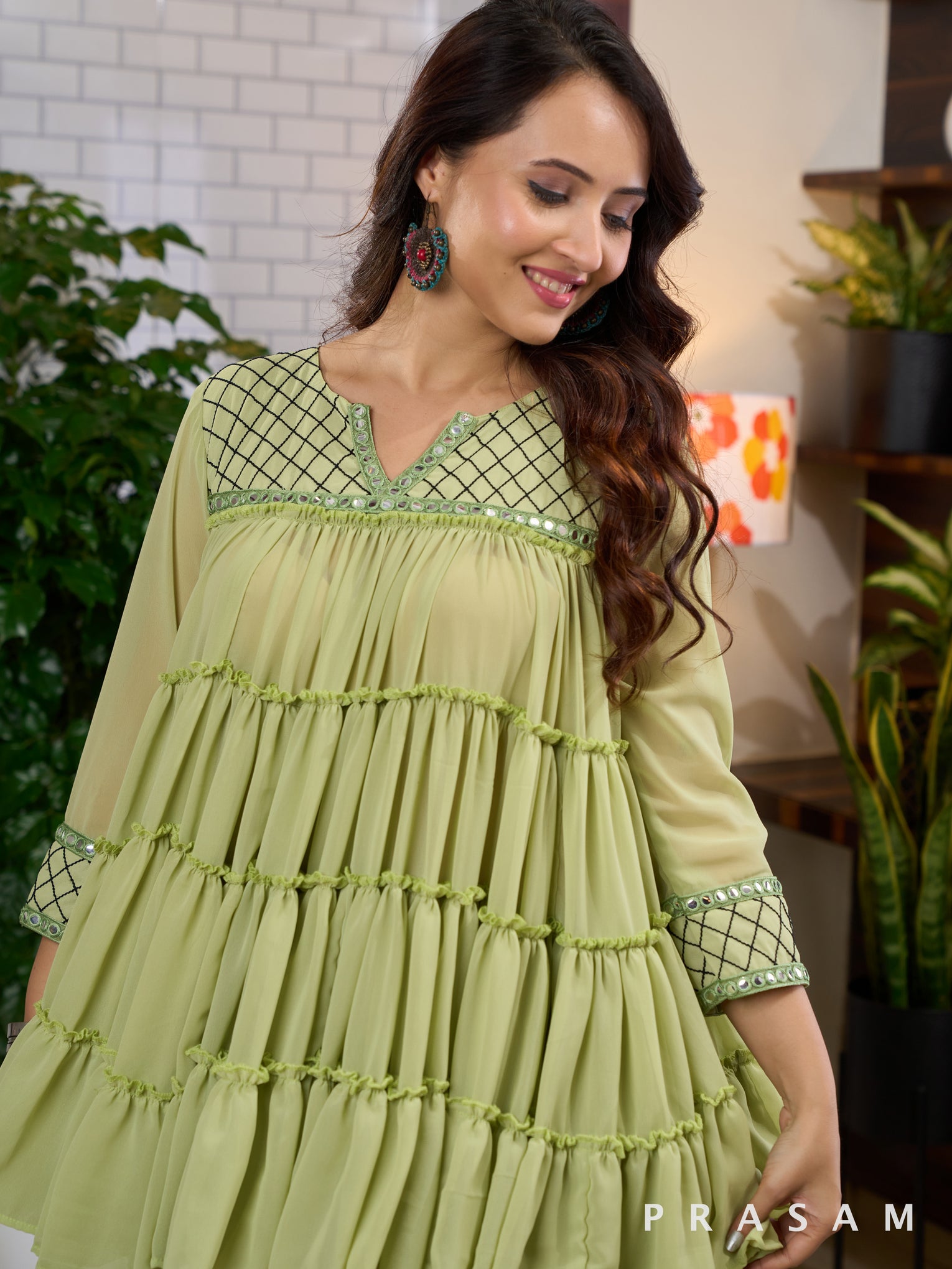 Utsav - Georgette Green Flared Tiered Tunic with Mirror Lace